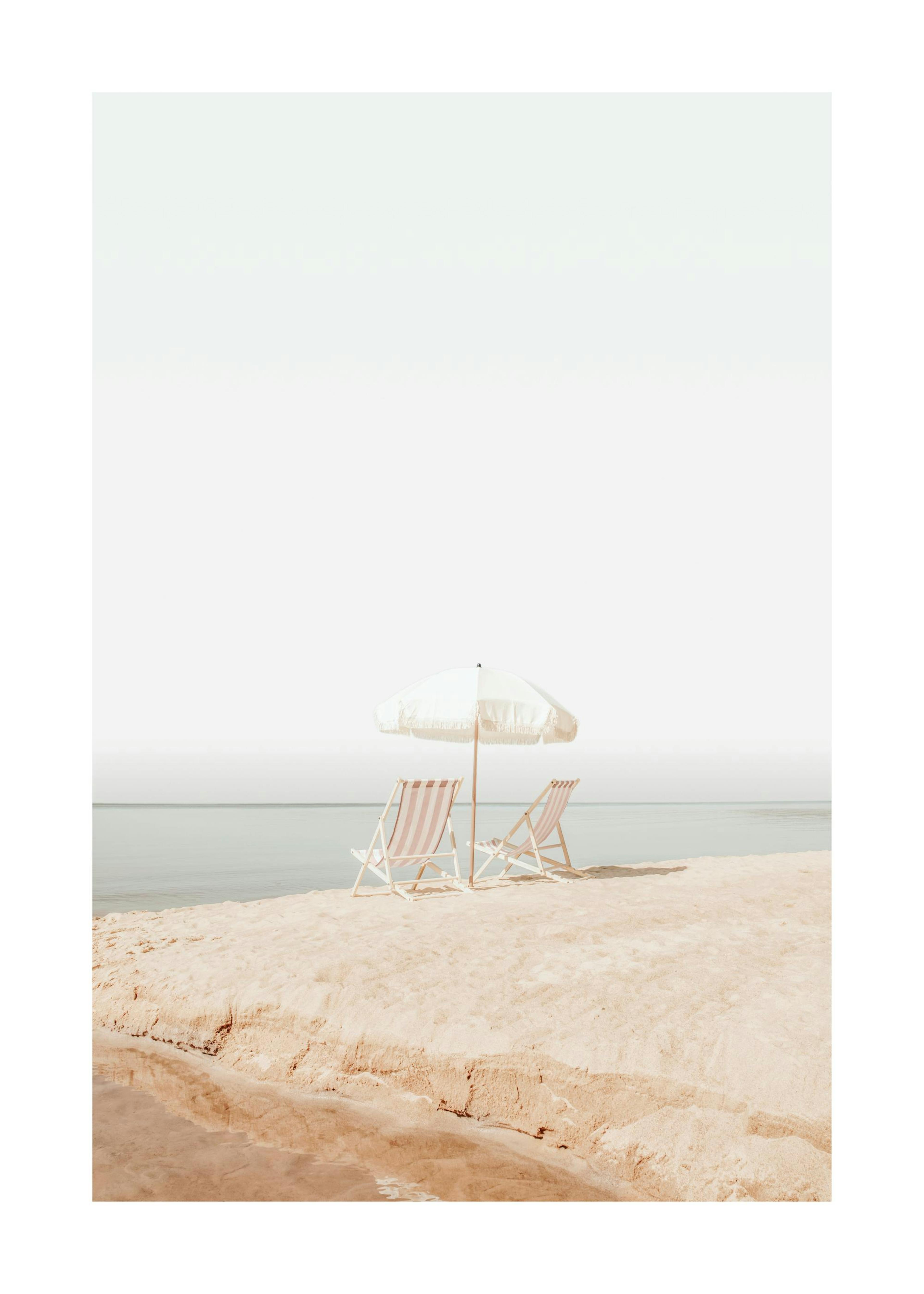 Vintage beach print with parasol and two sunbeds on sand by the ocean, poster.