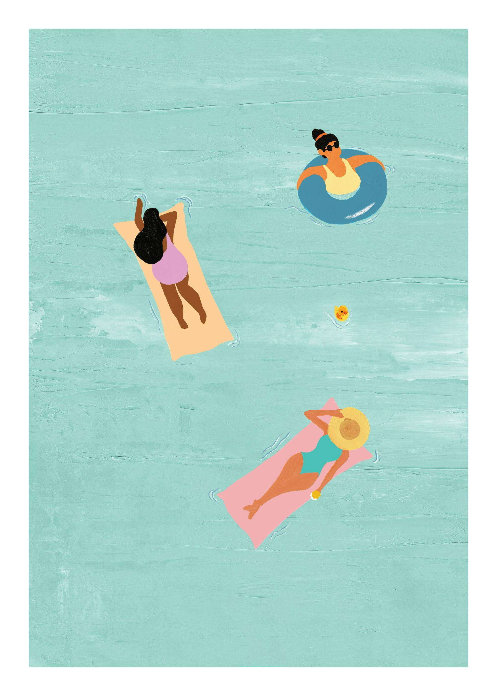 Affiche de femmes se baignant dans locéan avec matelas et bouées gonflables, style illustration