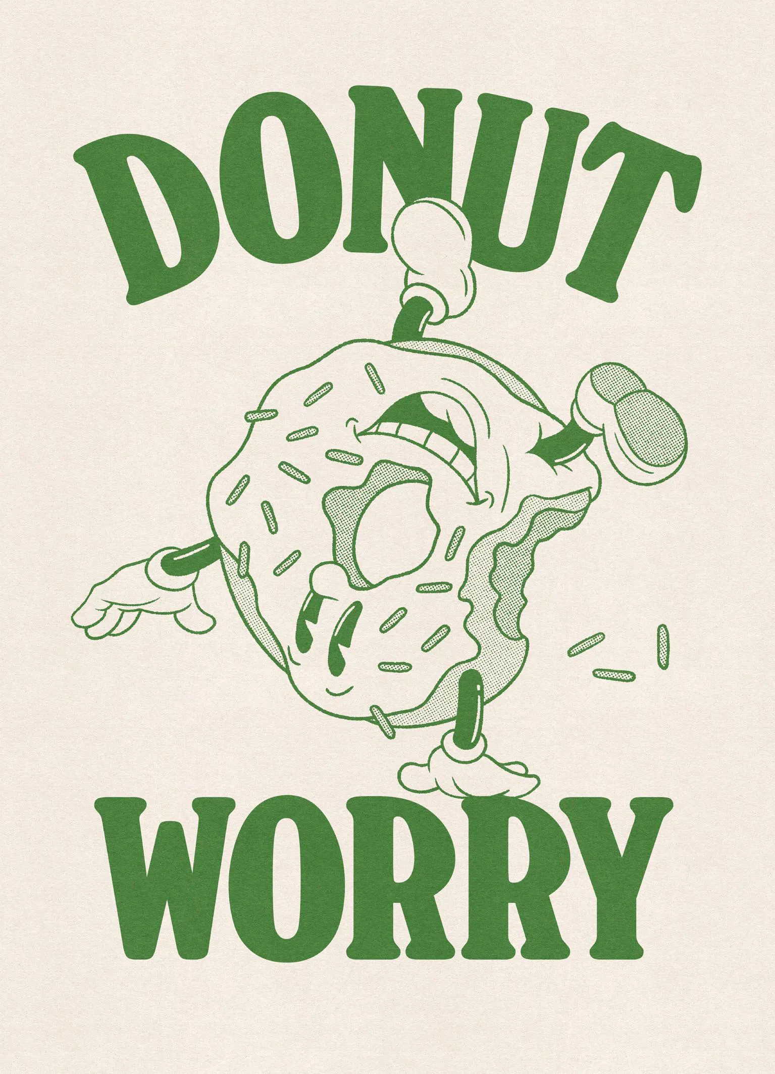 Póster Donut Worry con dónut verde animado enojado sobre fondo beige texturizado.