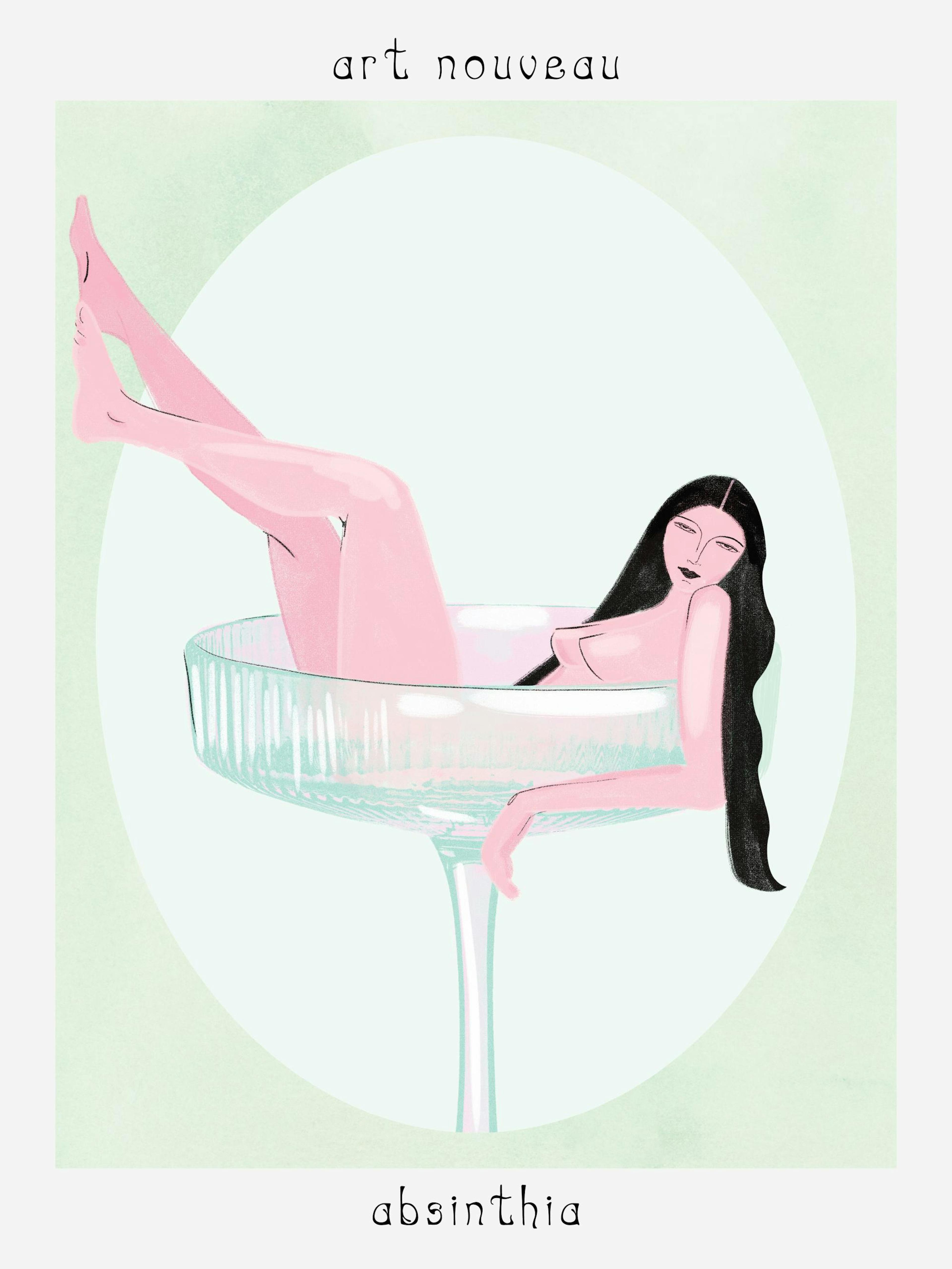 Lyserød dame med sort hår i cocktailglas på mintgrøn baggrund, Art Nouveau stil plakat.