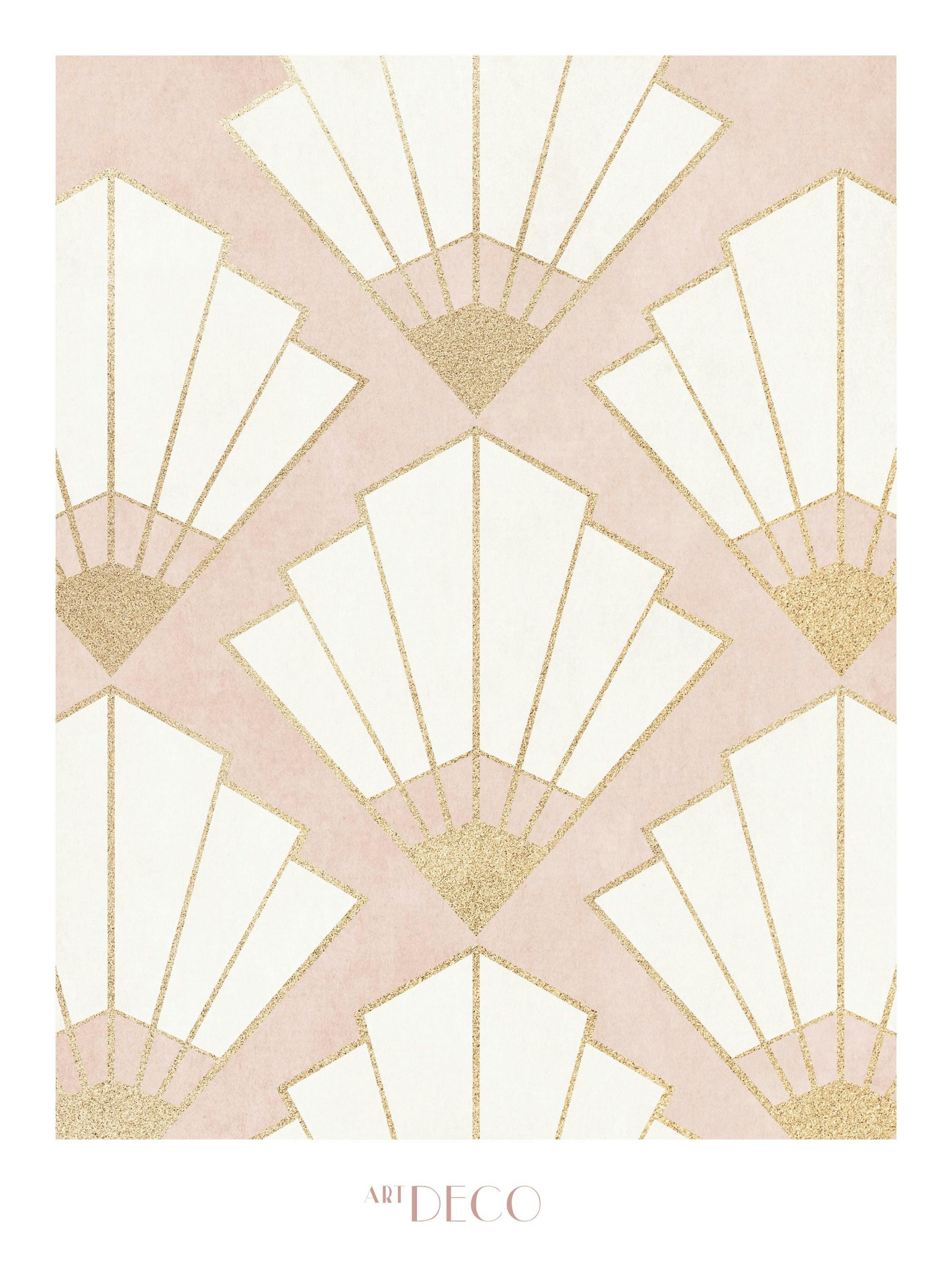 An Art Deco print with pink and white fan shapes and gold accents, hanging above a couch with pillows.