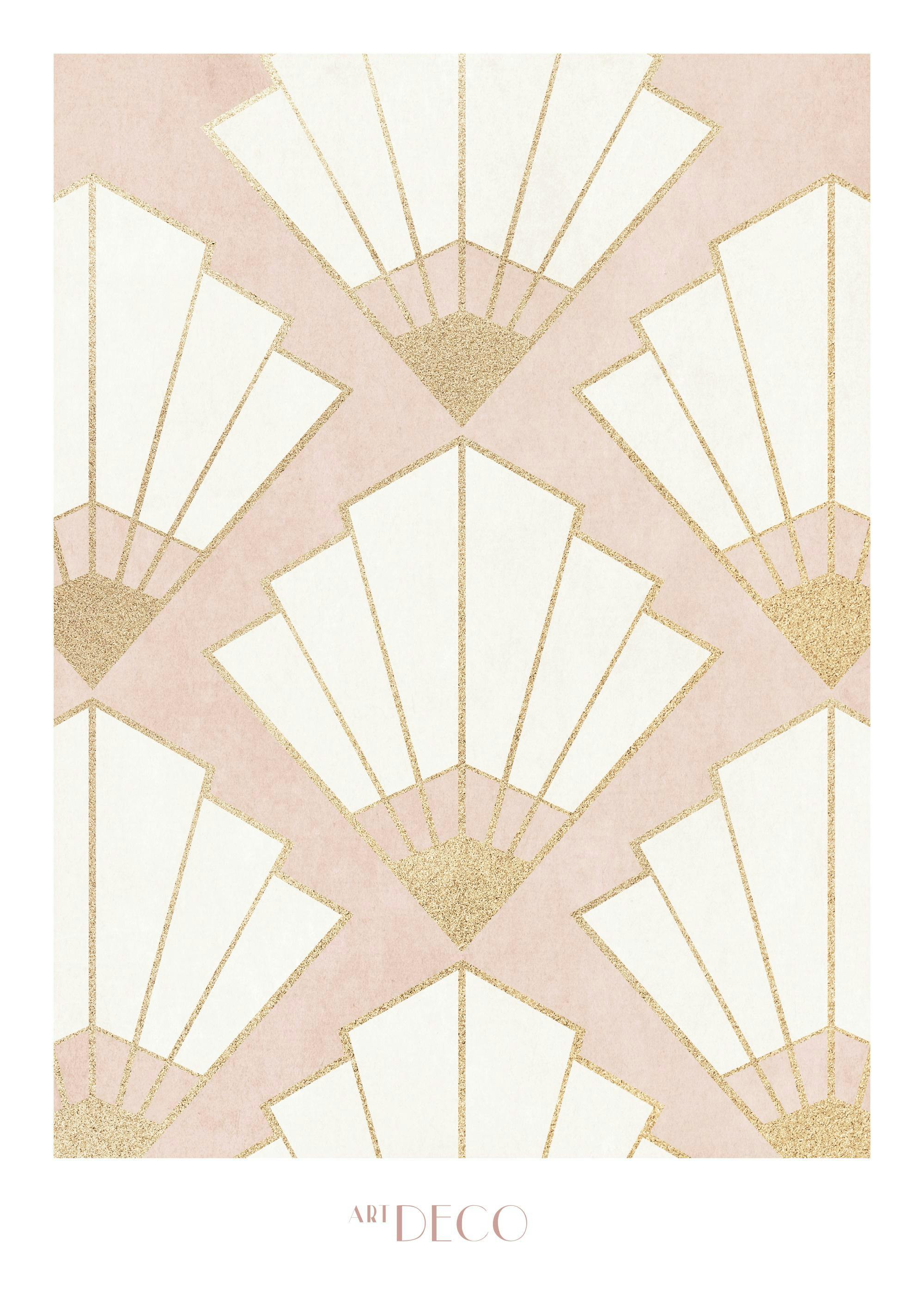 Póster Art Deco de patrón de conchas blancas y doradas sobre fondo rosa, diseño geométrico