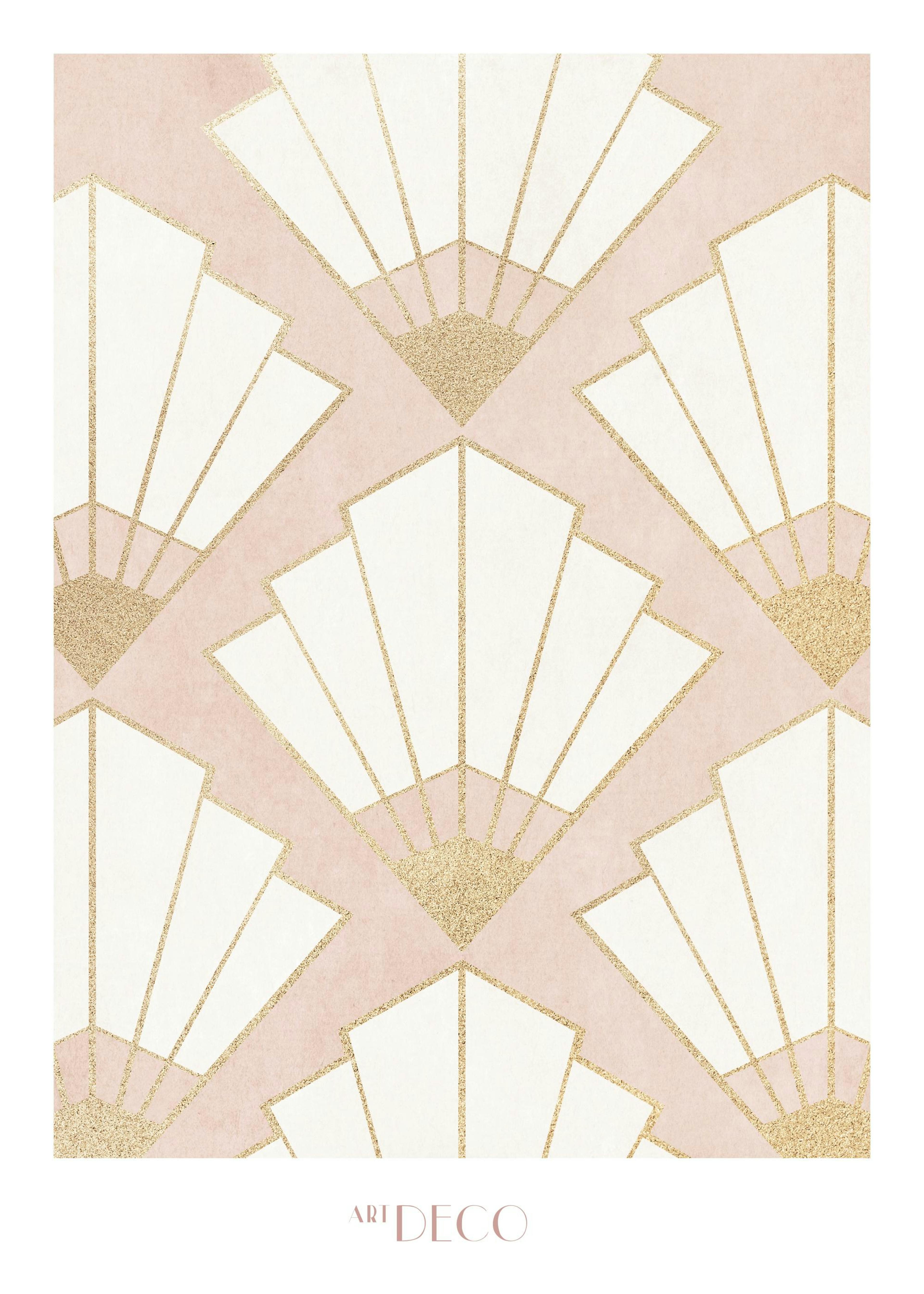 Art Deco Pattern No1 print with white seashell shapes and gold outlines on a pink background poster