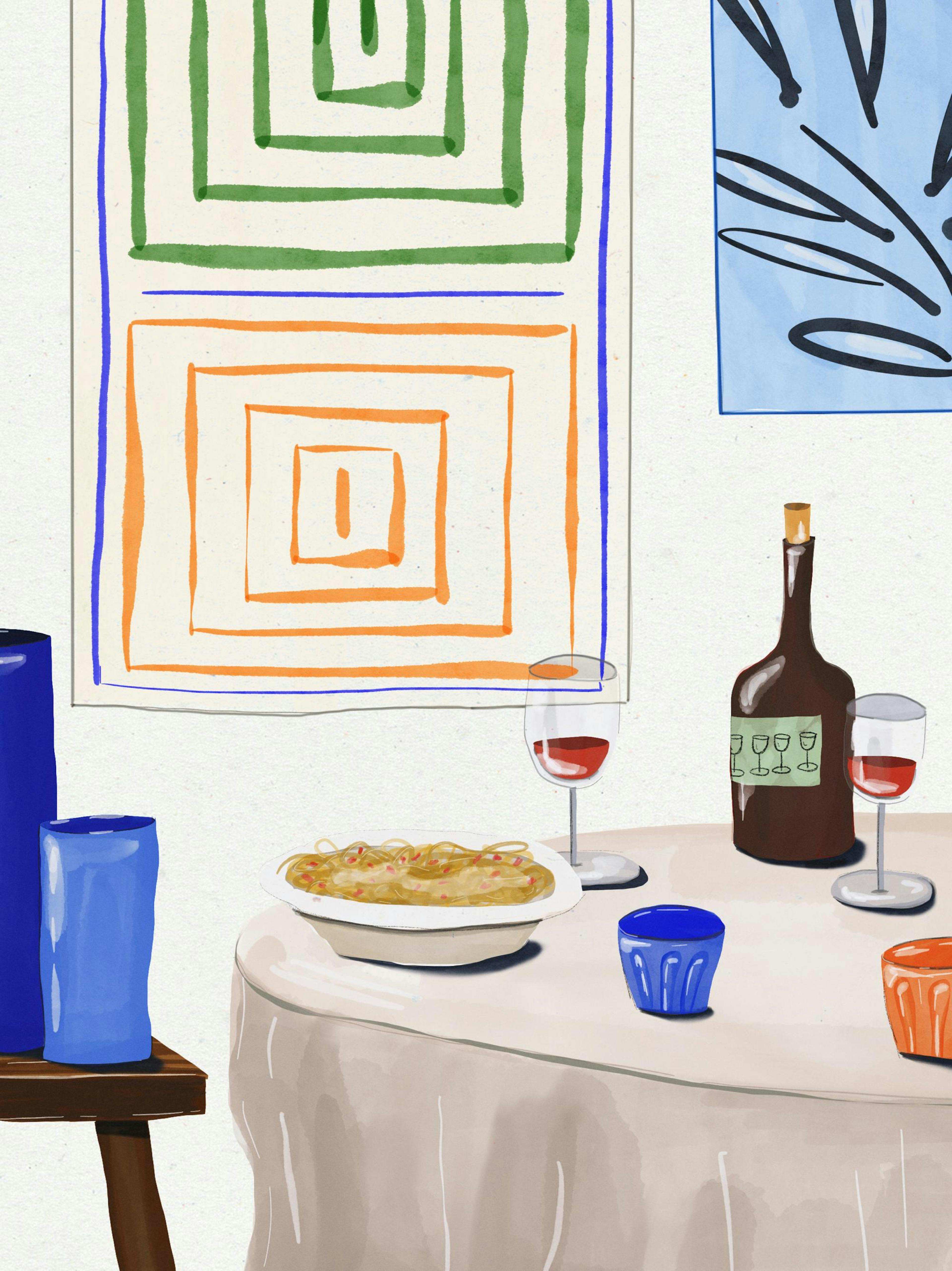 Illustration of a dining table with wine, food, and abstract paintings in the background, perfect print or poster