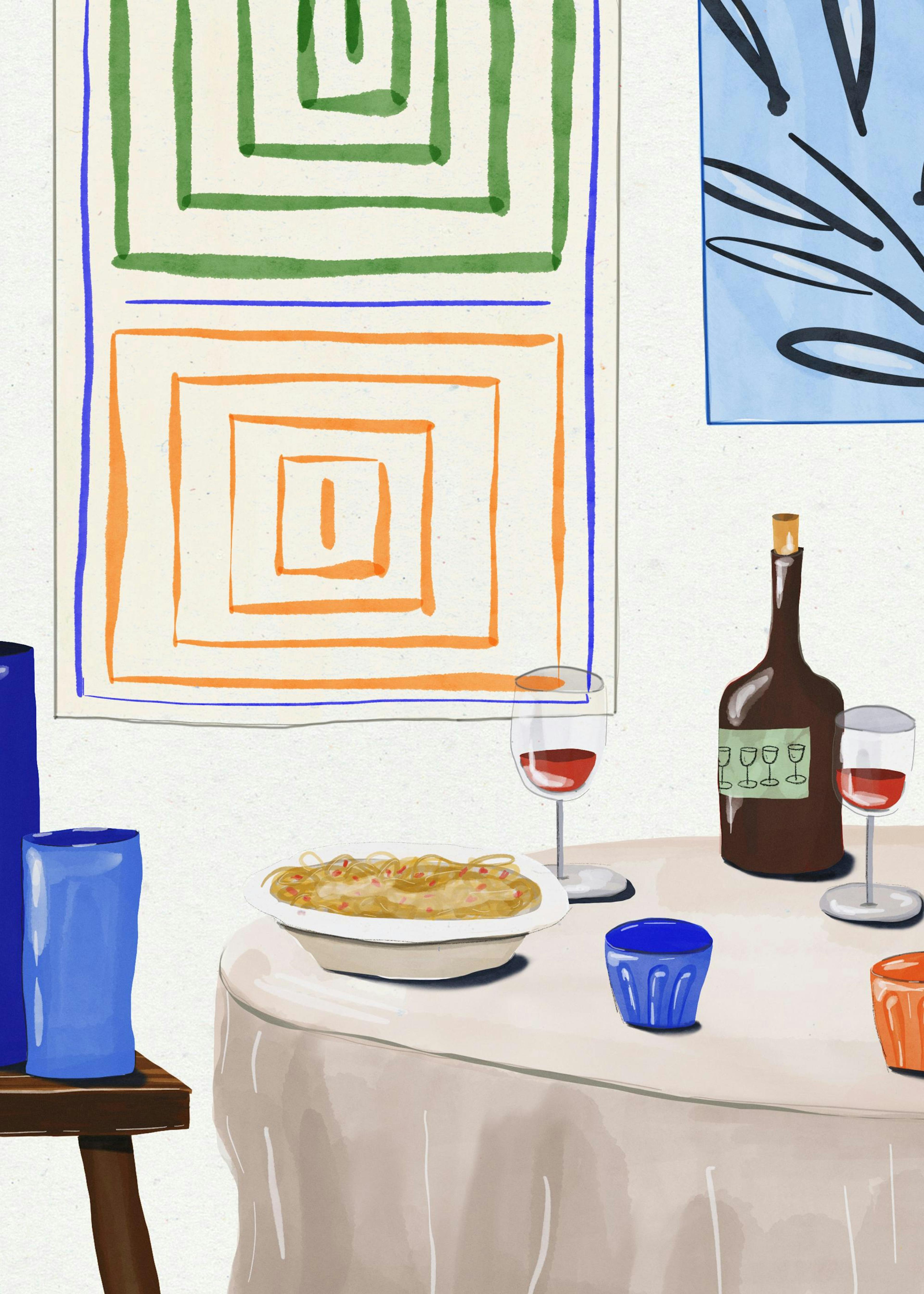 Poster: Aquarell-Illustration eines gedeckten Esstisches mit Wein, Pasta und Kunstwerken an der Wand, ideal für die Küche.