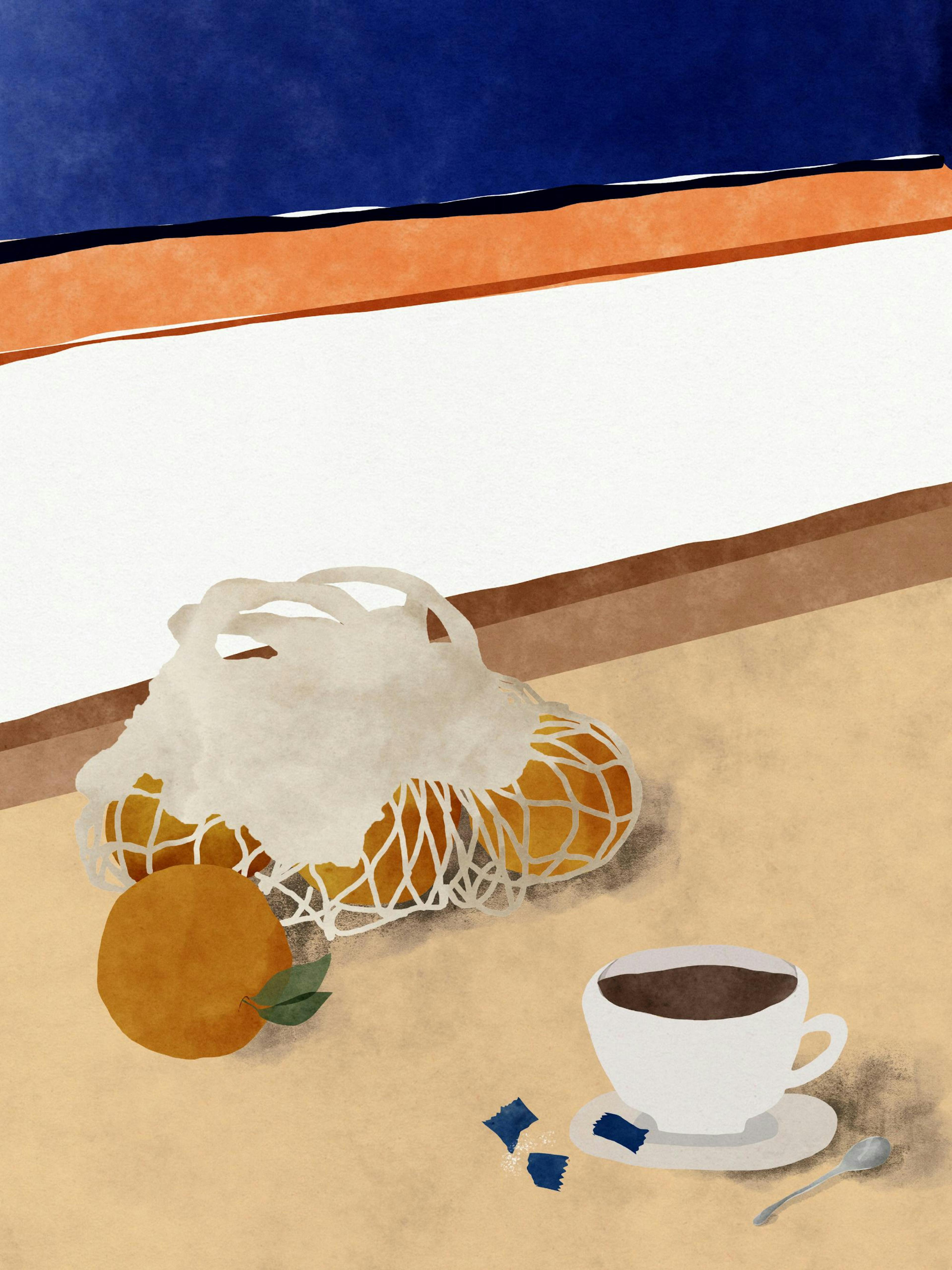 Poster mit Orangen im Netzbeutel und Kaffeetasse, Eva Halfers Illustration für morgendliche Küchenstimmung.