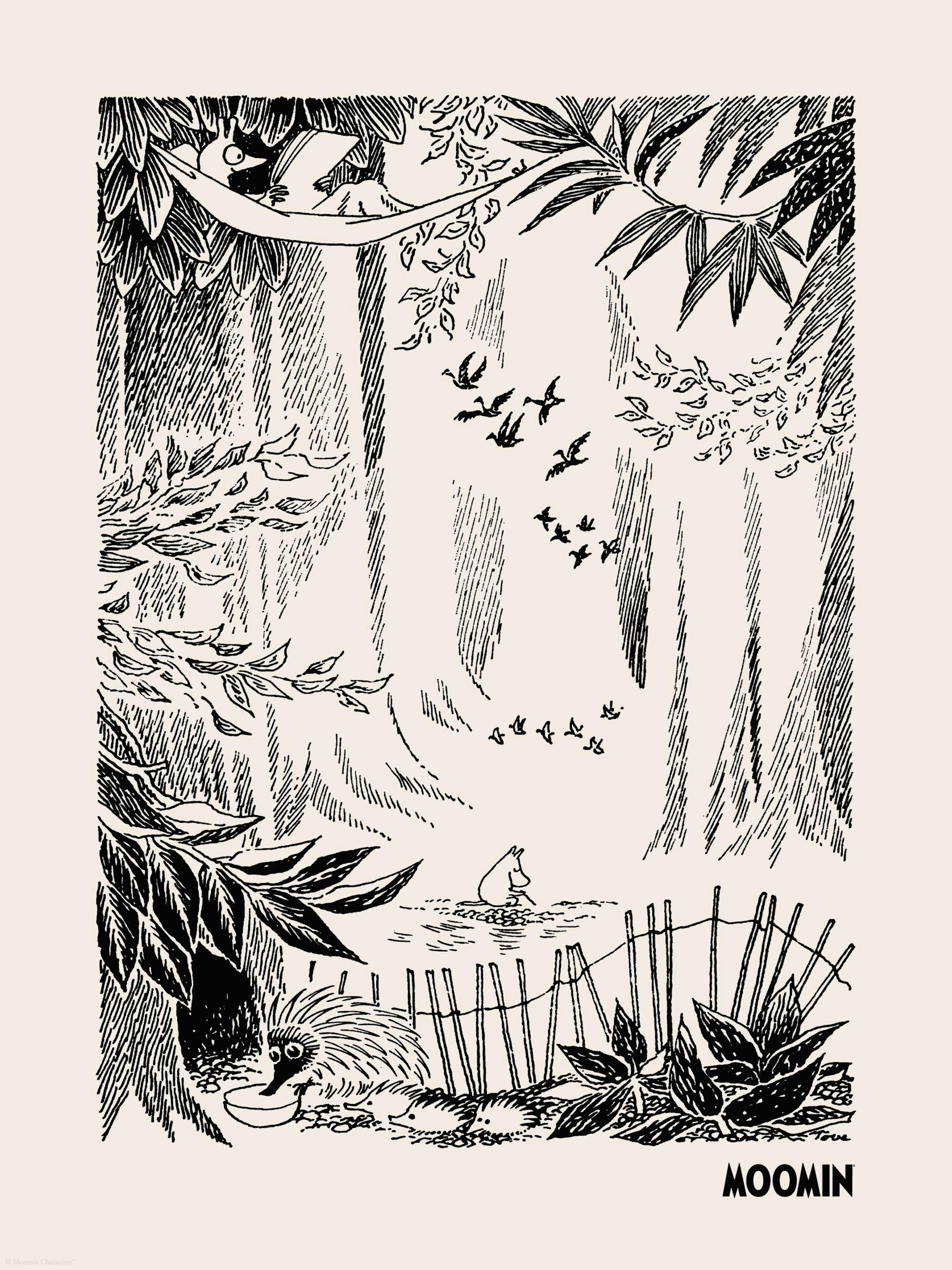 Moomin Forest Print, a monochrome illustration of Moomintroll in a magical forest with birds and a hedgehog family.