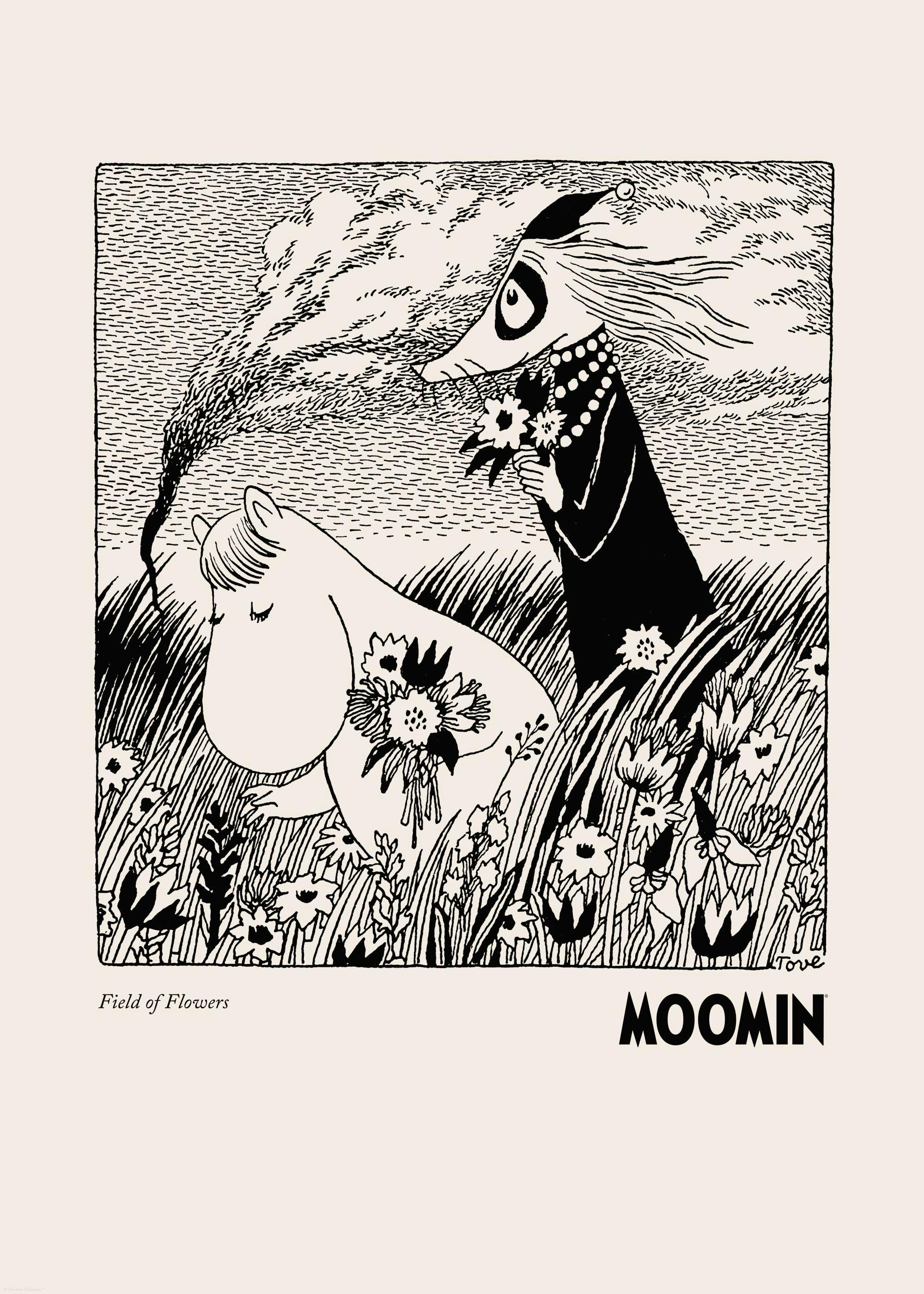 Poster Moomin monocromatico con Snorkmaiden e Fillyjonks in un campo fiorito al solstizio destate.