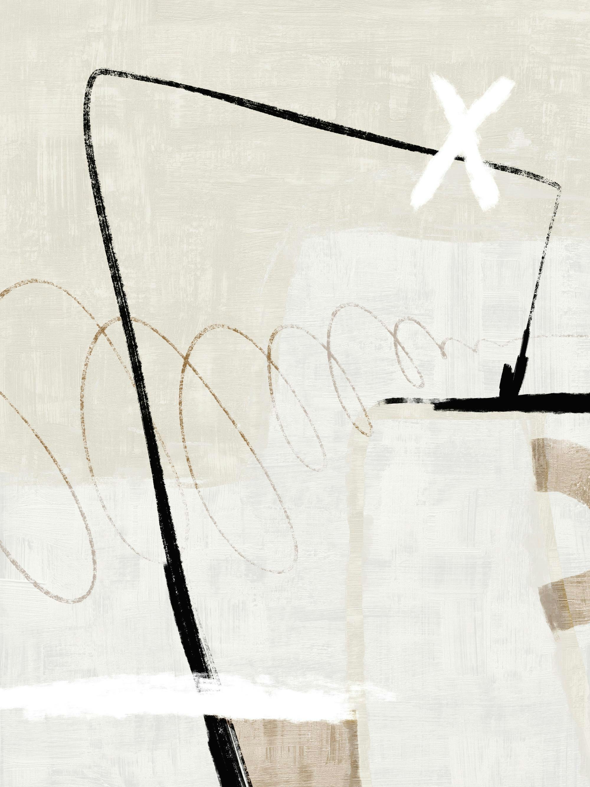 Abstract art poster with bold black lines, a white X, and warm beige swirls on a textured off-white background.