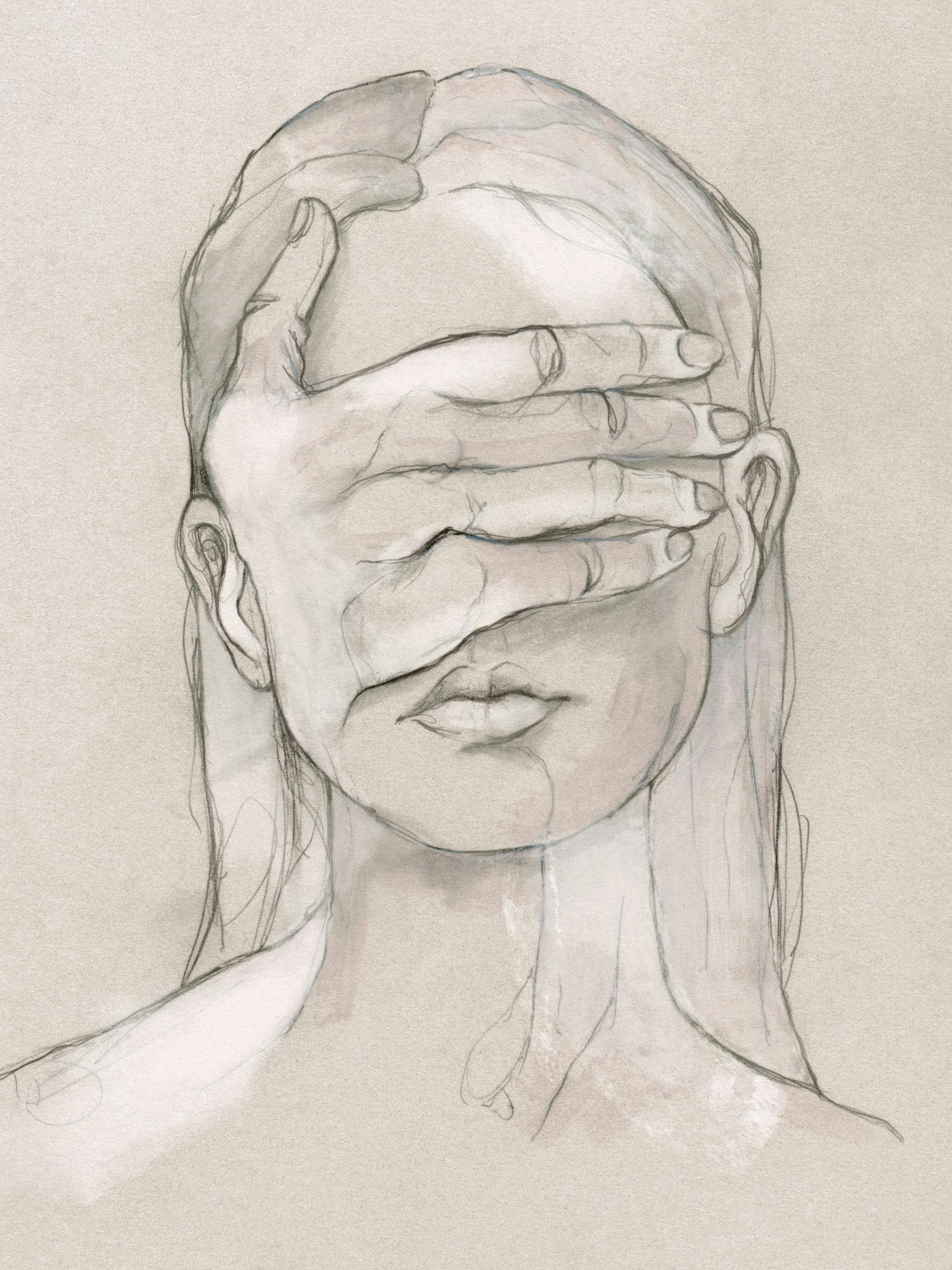 Affiche noir et blanc, visage de femme esquissé avec une main couvrant les yeux, style typographie, fond beige.