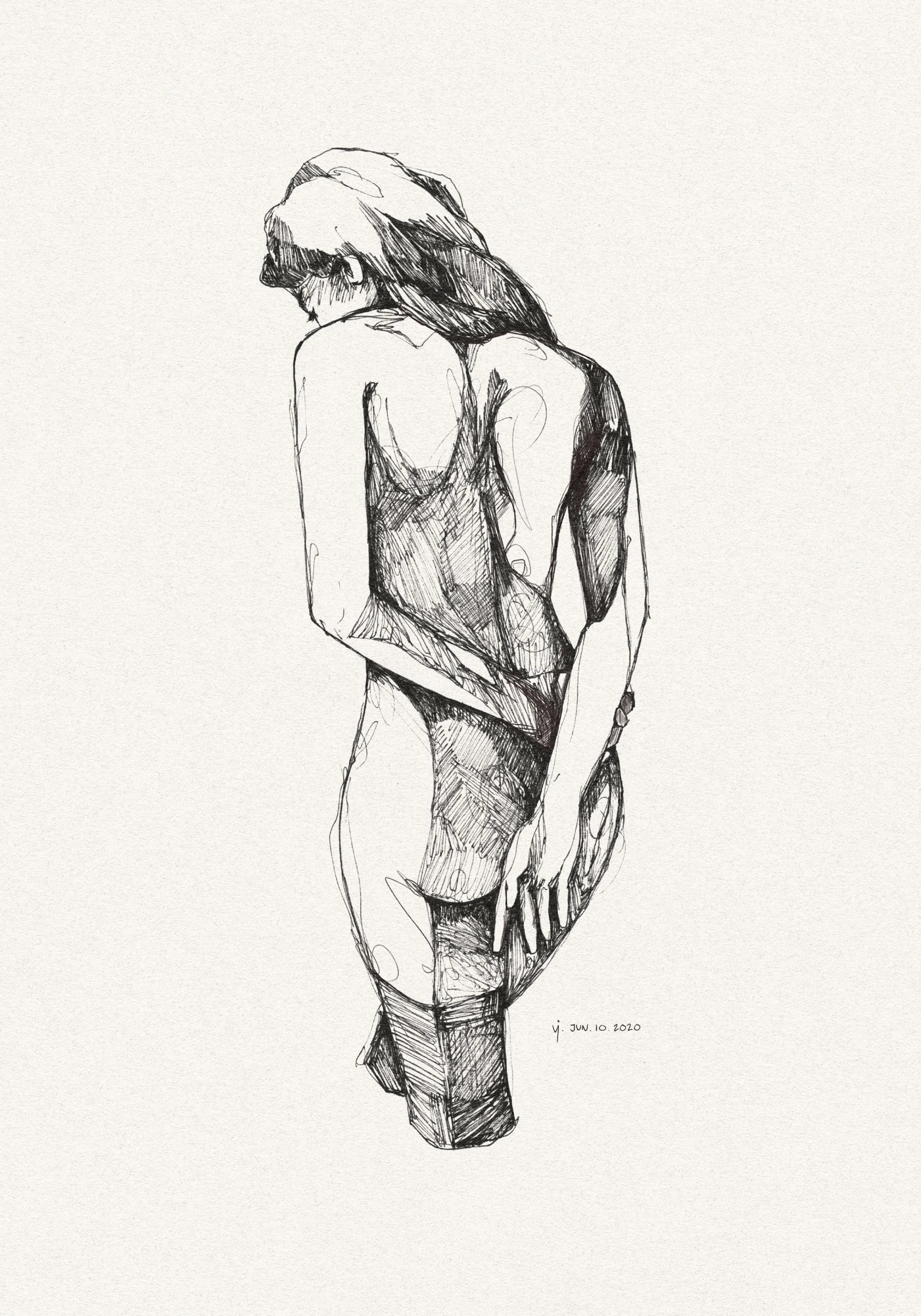 Black ink sketch of a nude woman viewed from behind, arms crossed behind her back, gazing downward. Thoughtful human body art pr