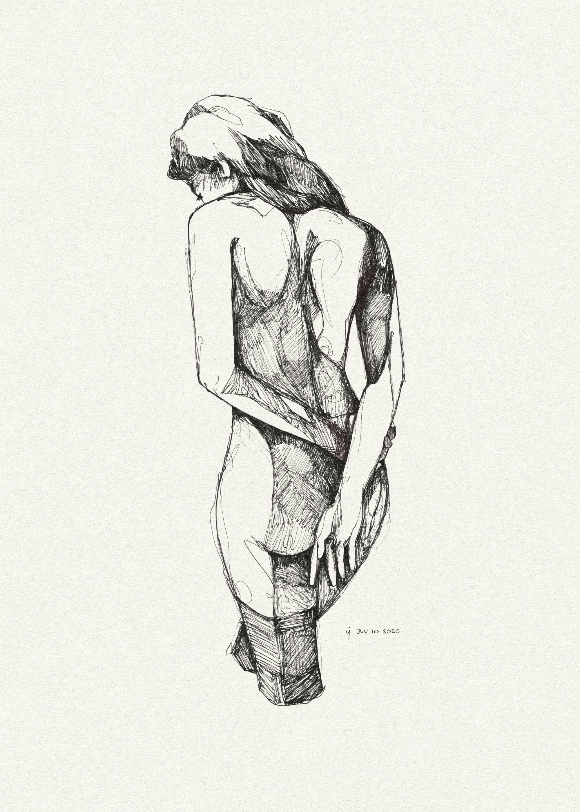 Affiche dune femme nue de dos, bras derrière le dos, style esquisse, typographie artistique