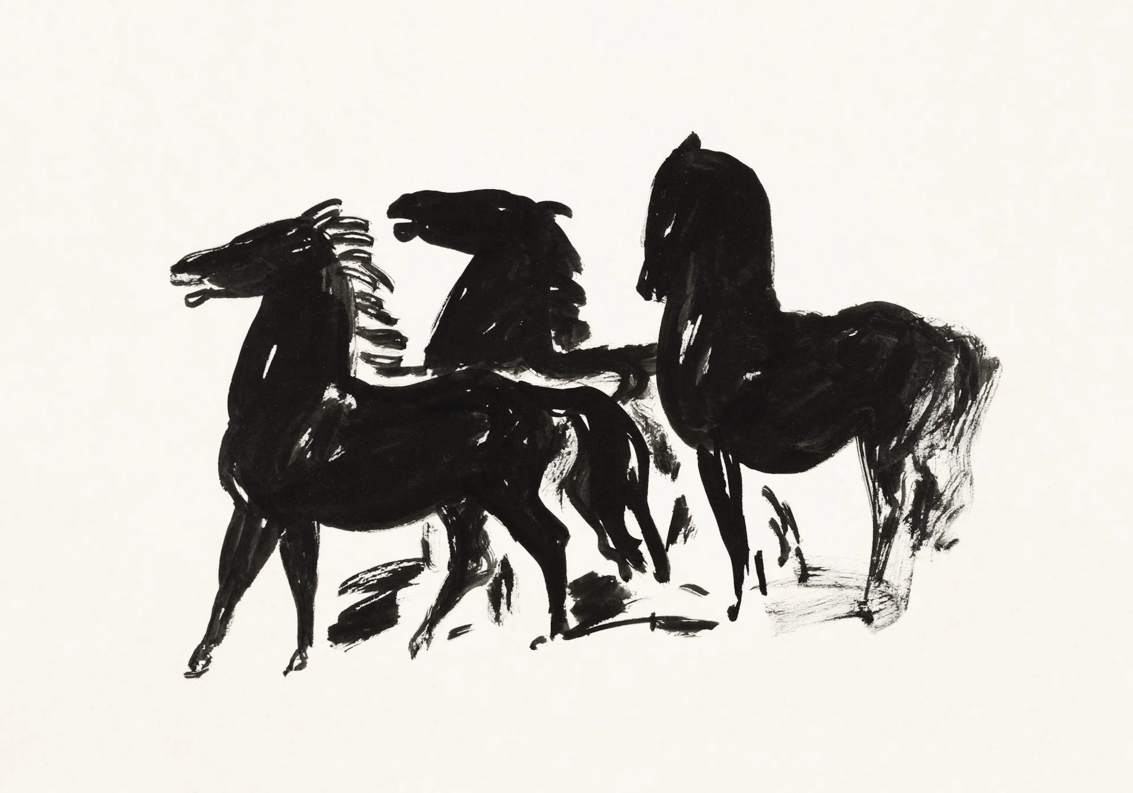 Leo Gestels Three Black Horses, an expressive art print featuring bold brushwork on an off-white background.