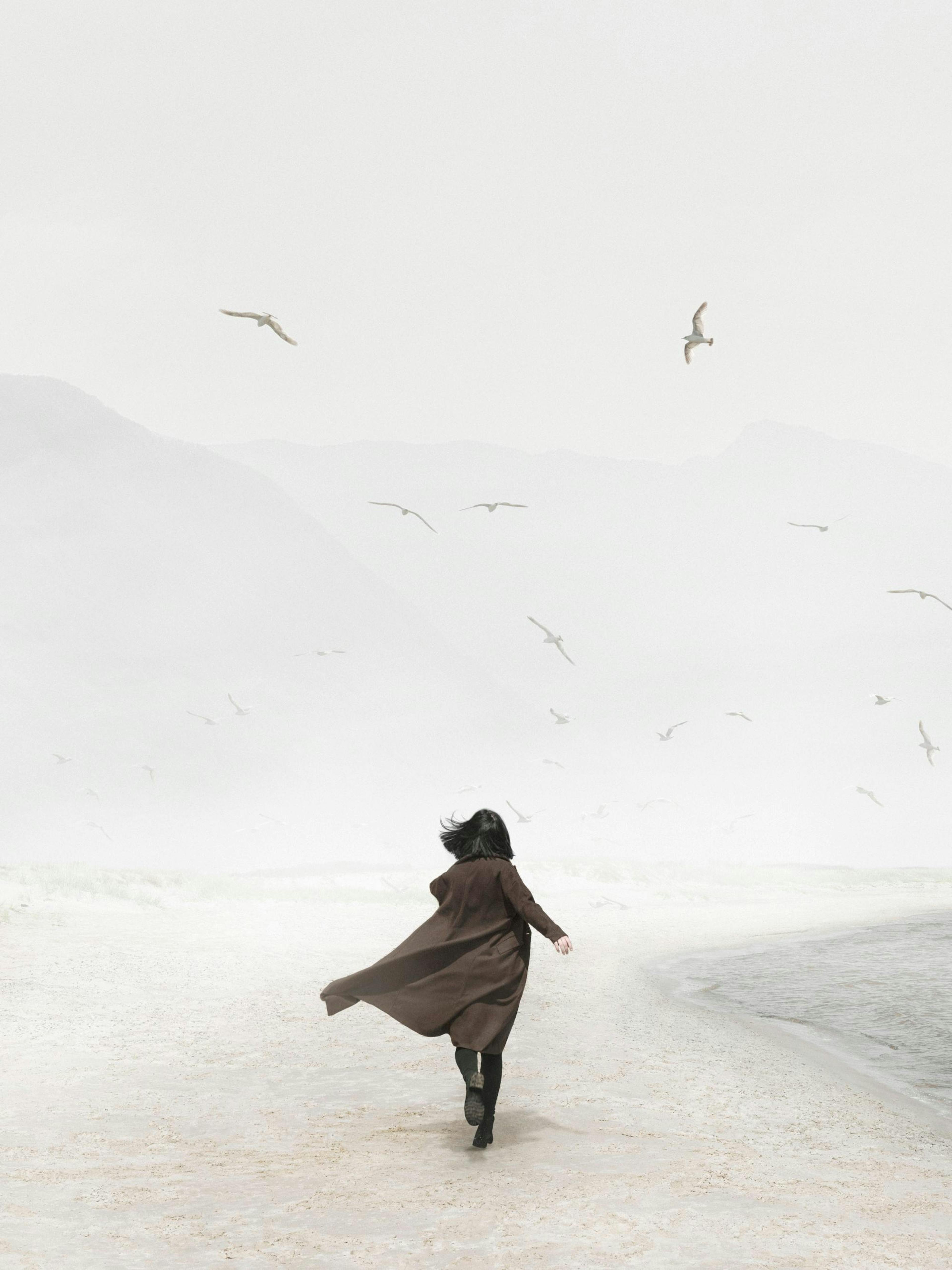 A print of a lone figure in a long coat on a misty beach with birds flying, displayed in a minimal room.