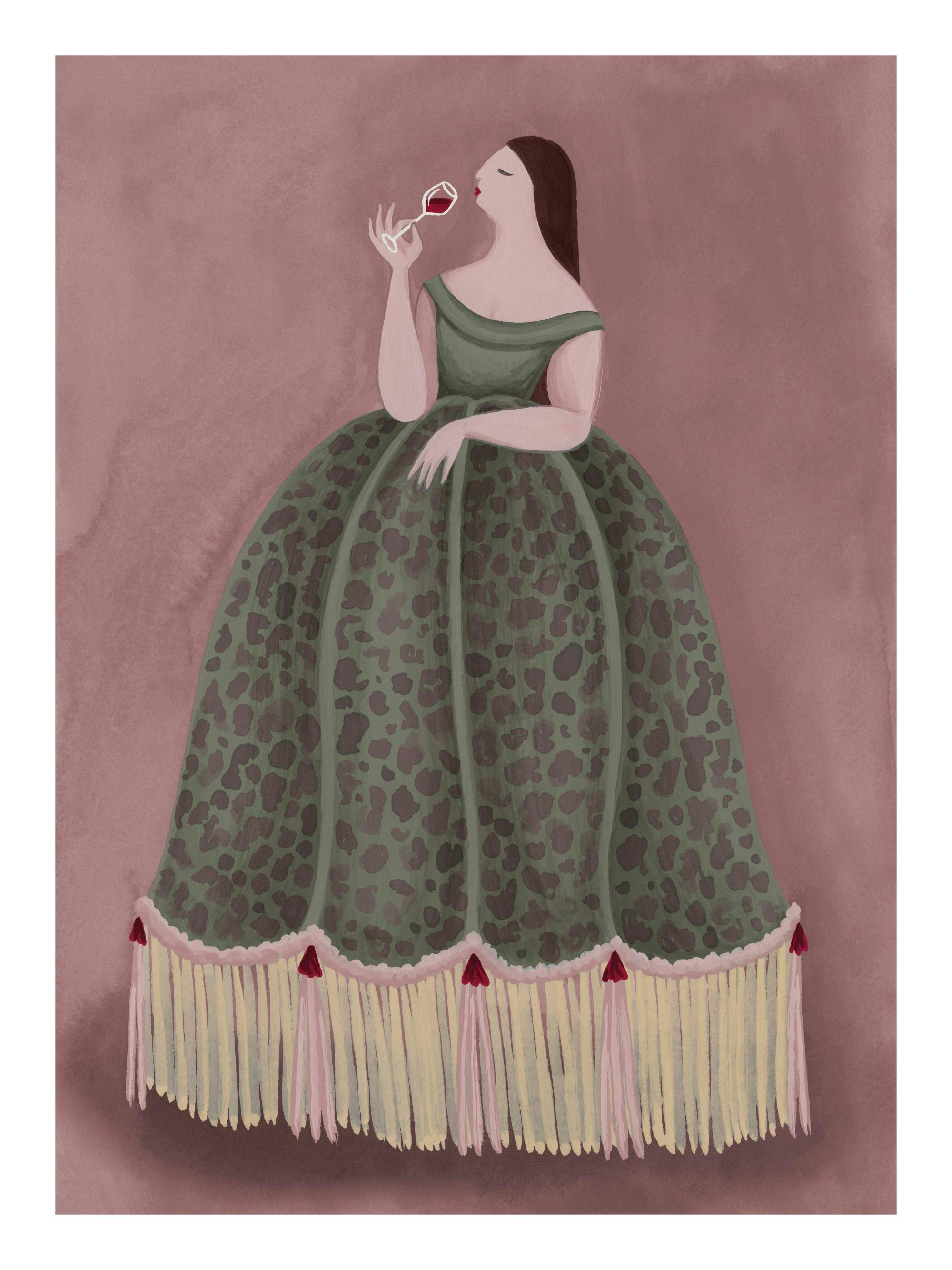 Historische Frau in grünem Kleid mit Fransen, die Wein trinkt, Vintage-Mode, Kunstposter