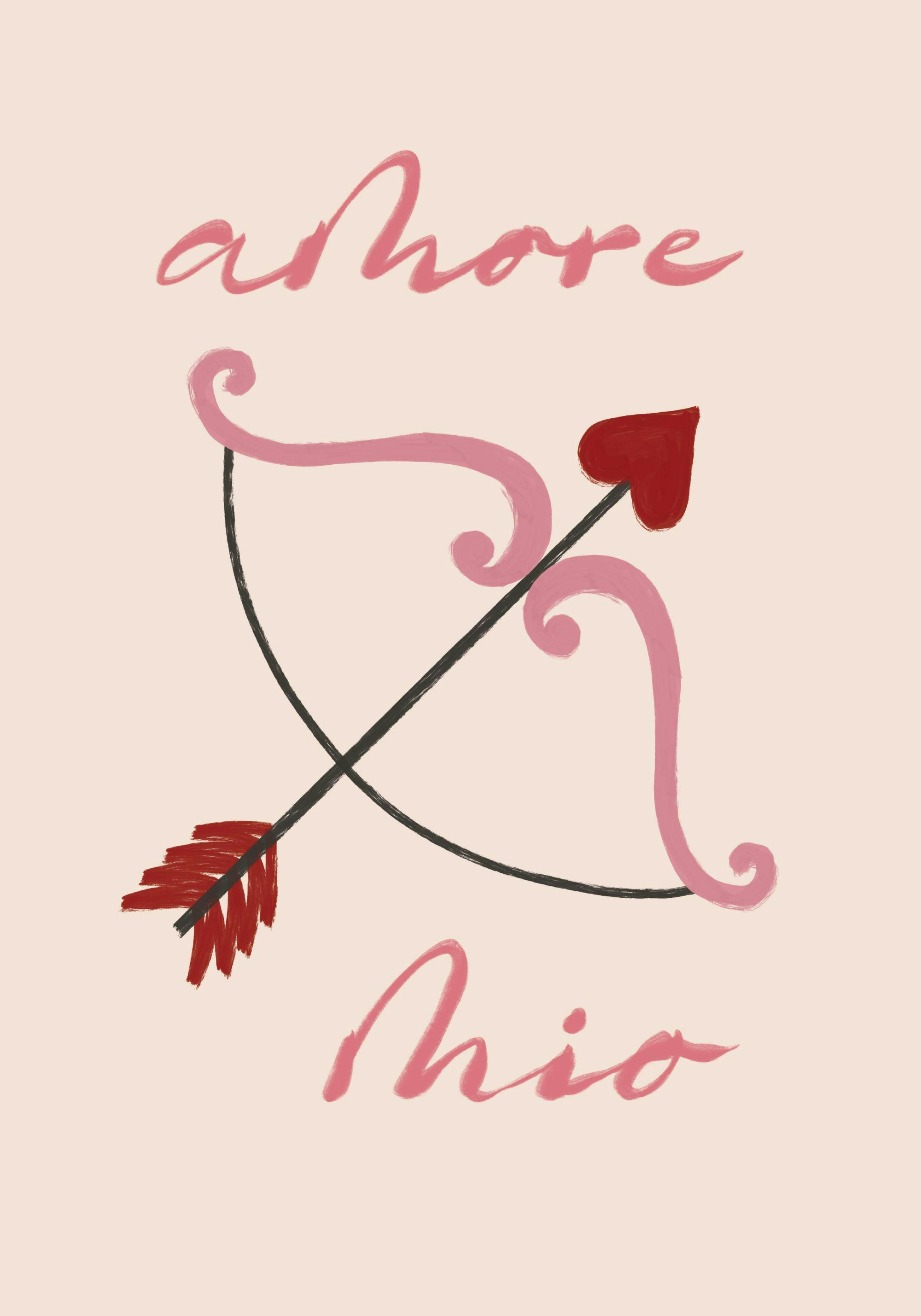Affisch med texten Amore Mio i rosa, med en tecknad svart och rosa Cupidons båge och röd pil.