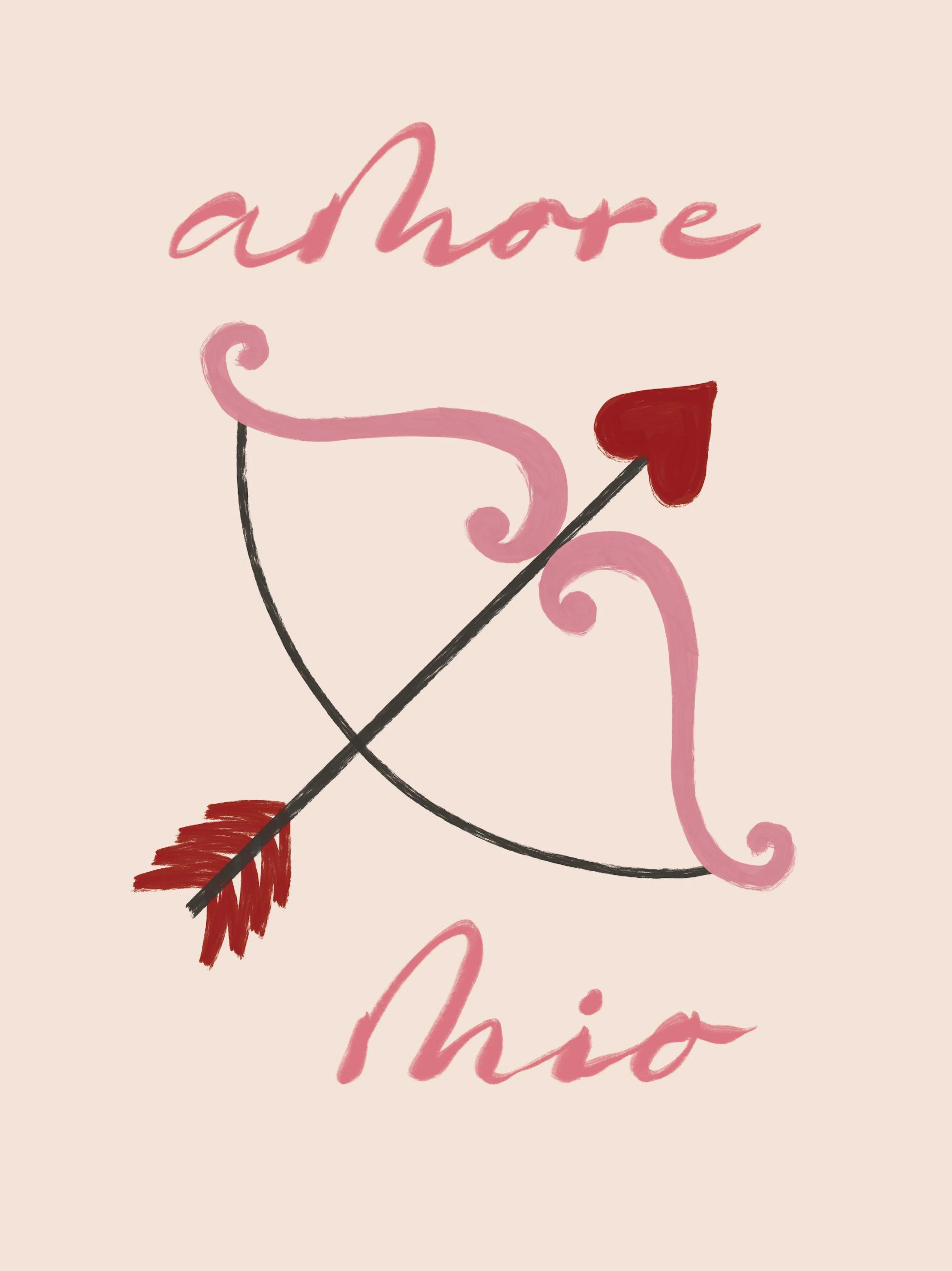 Póster Amore Mio con arco y flecha de Cupido en tonos rosa y rojo, sobre fondo beige.