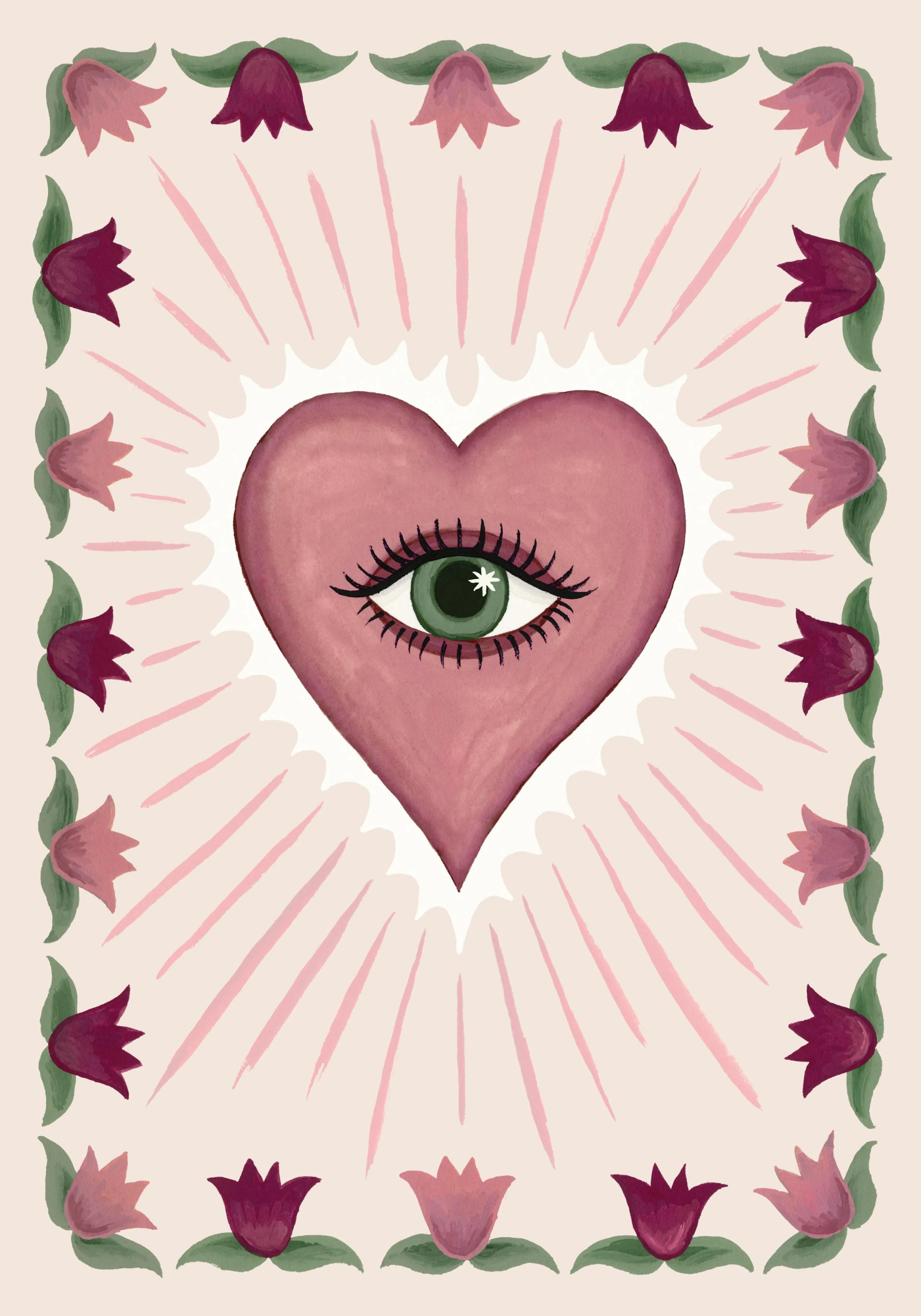 Póster de arte del corazón rosa con un ojo verde central, rodeado de tulipanes rojos y rosas con rayos de amor.