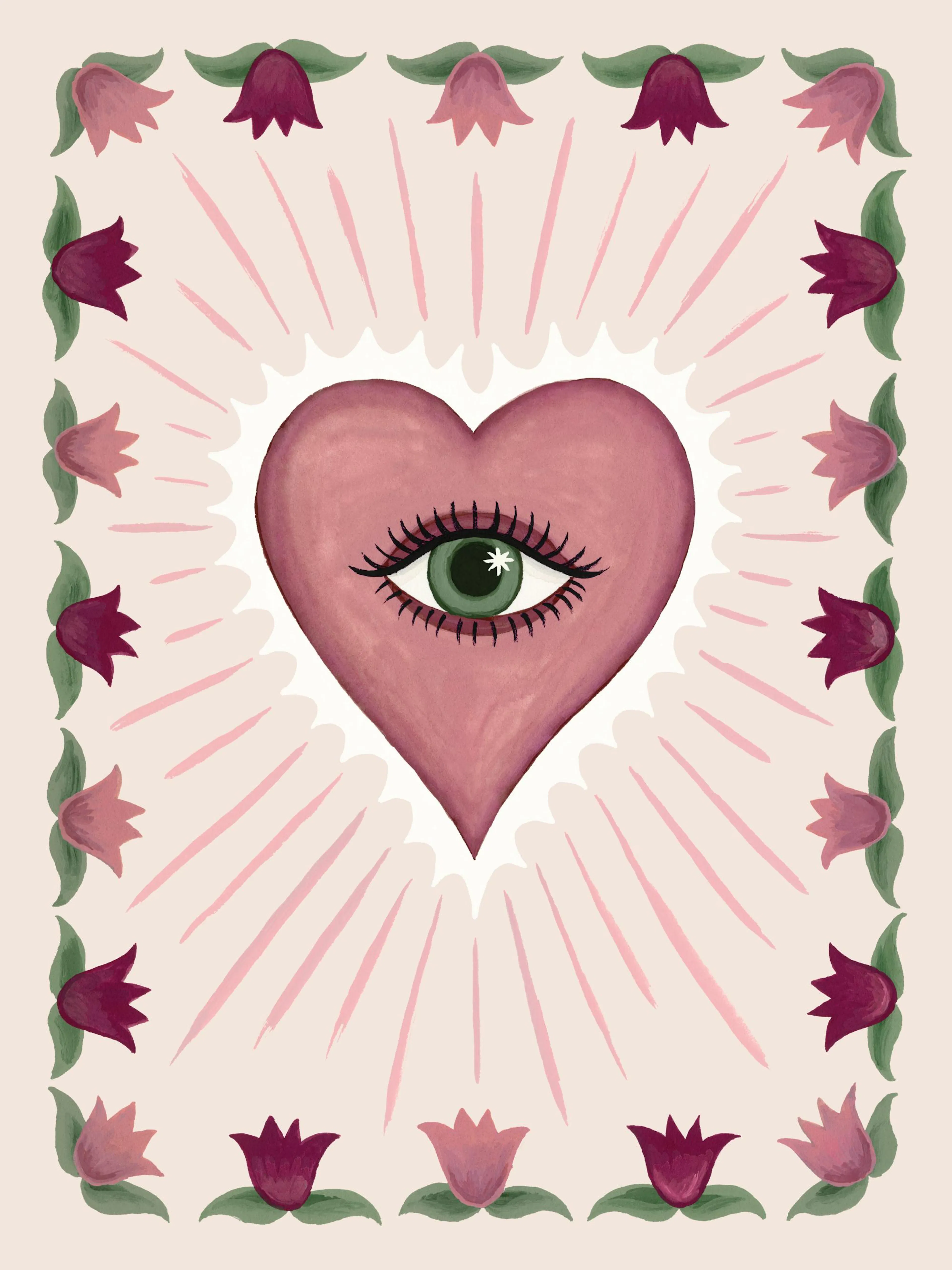 Illustriertes Poster mit rosa Herz, strahlendem Auge, umgeben von roten und rosa Tulpen, Liebes-Kunst-Design.