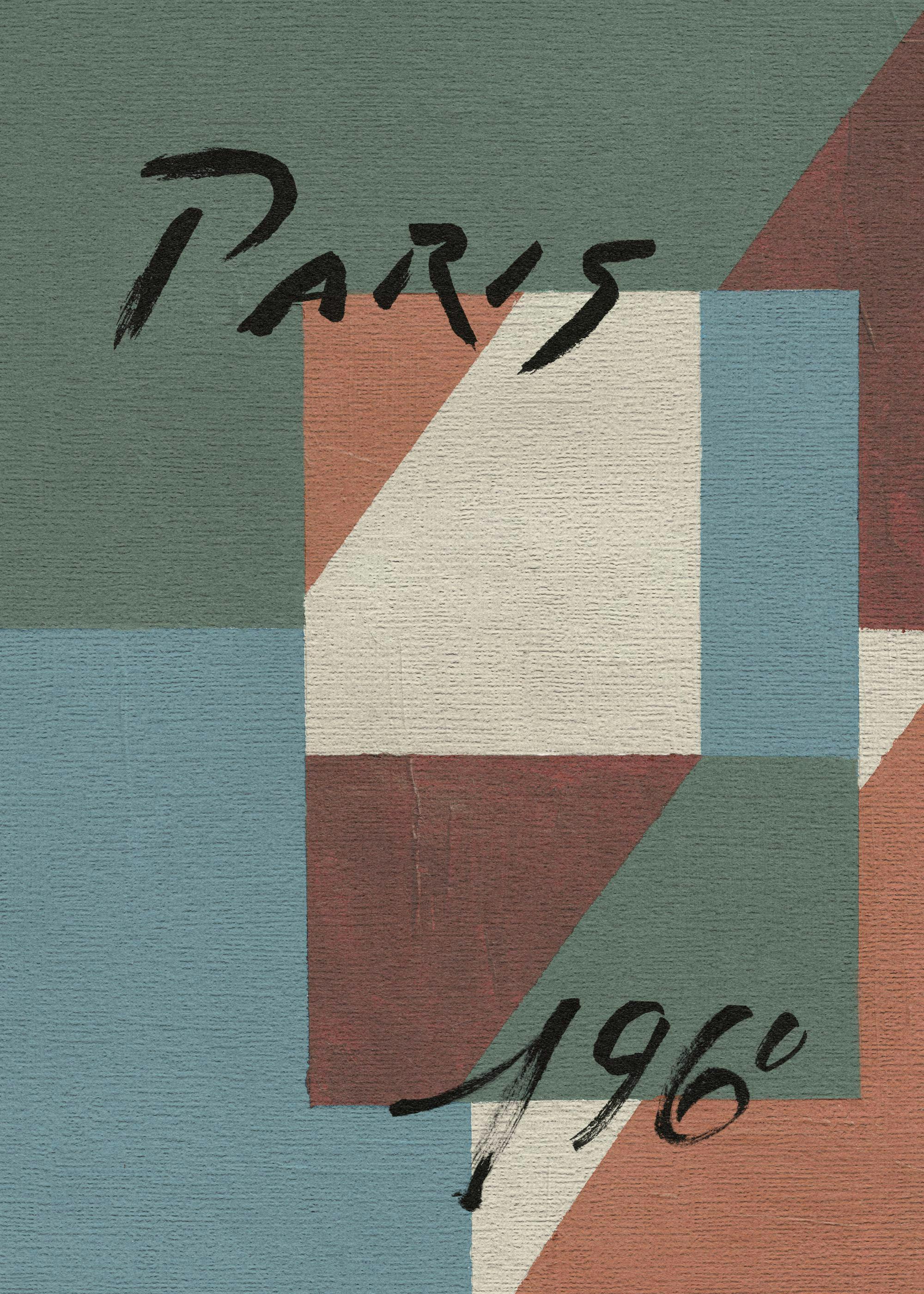 Paris 1960 poster with green, blue, orange, and brown color blocks. Vintage art print with handwritten text.