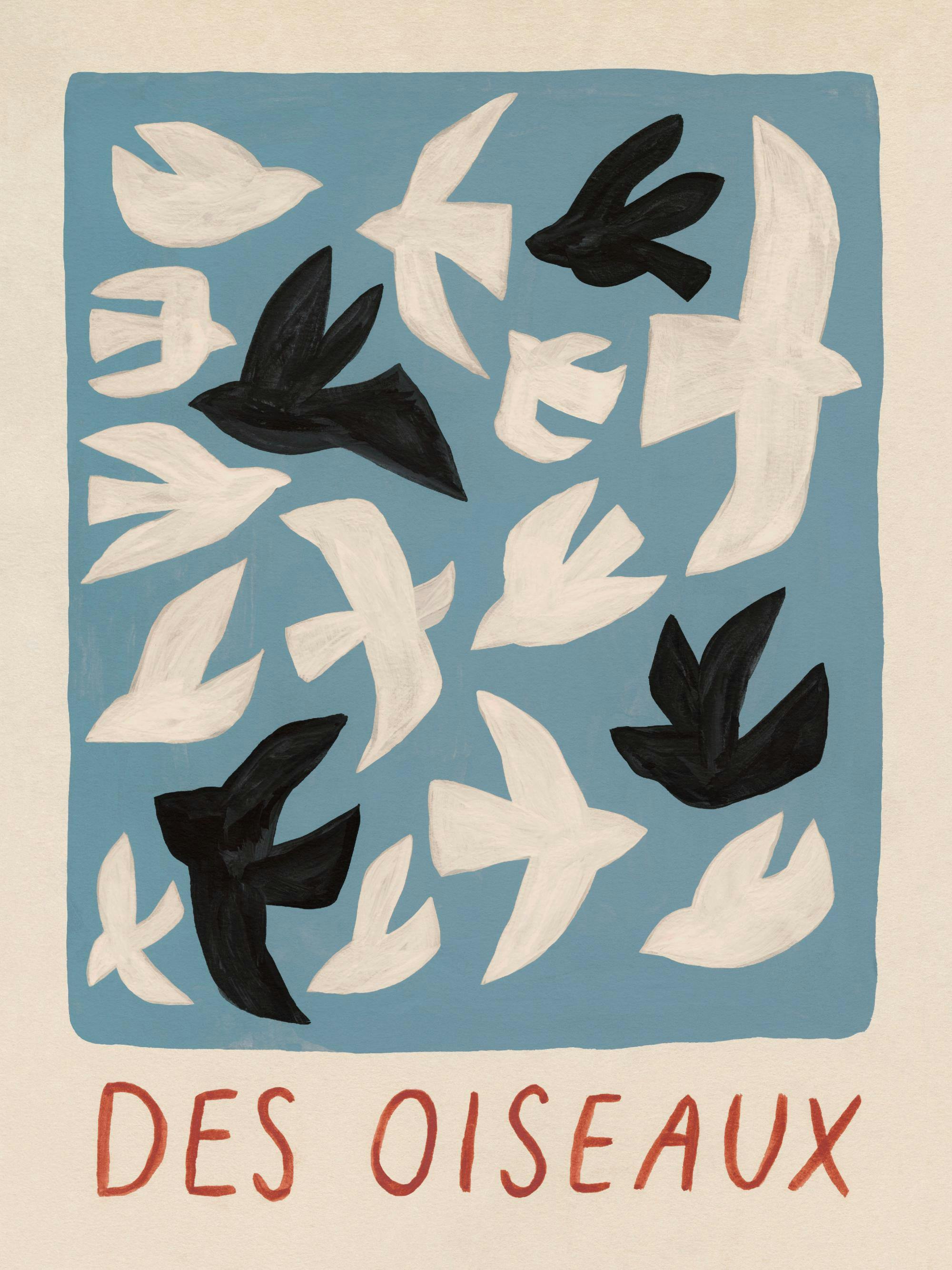 Grafisk illustration av svarta och vita fåglar på en blå bakgrund med texten Des Oiseaux i rött.