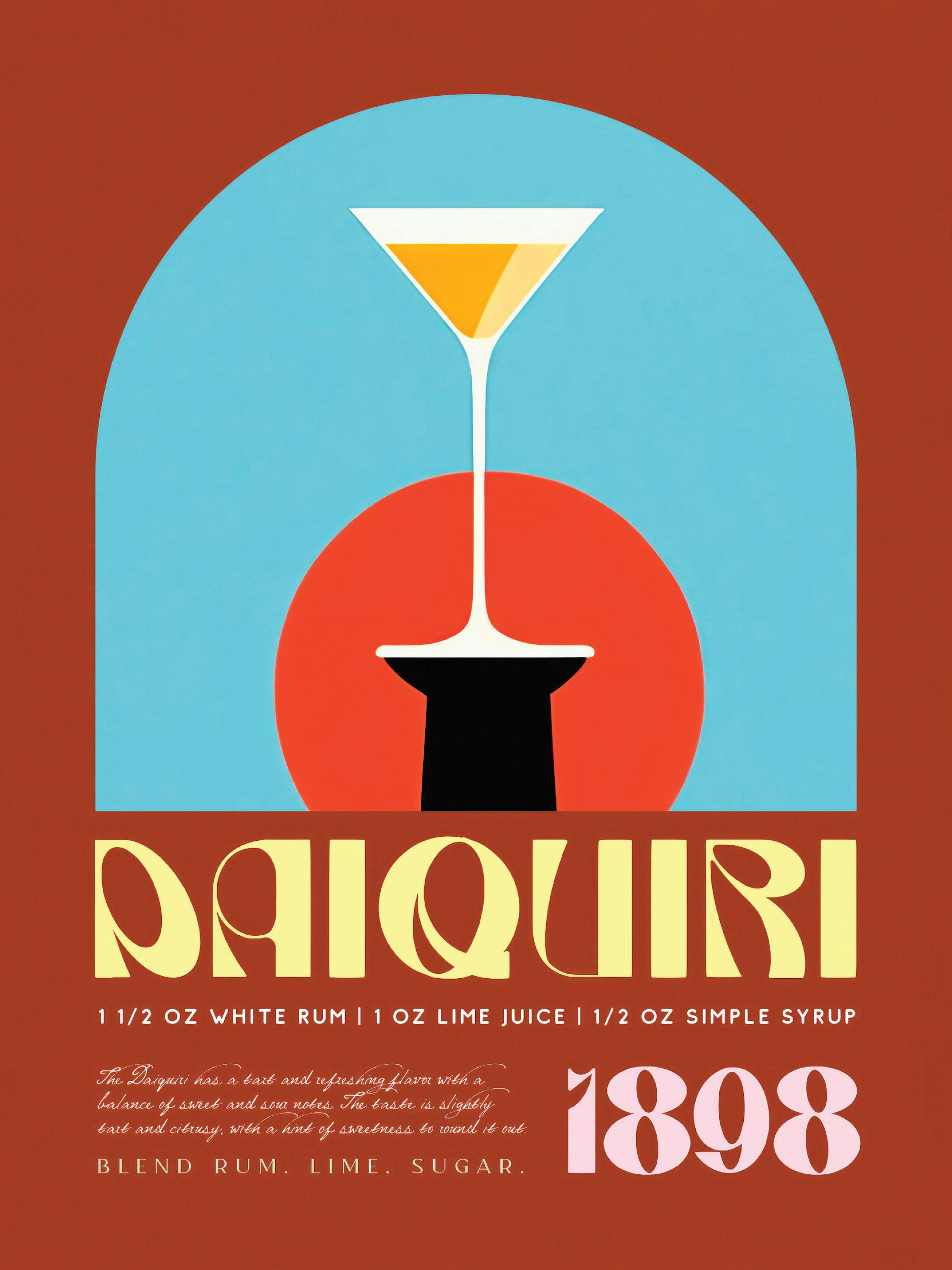 Póster retro de receta de cóctel Daiquirí de 1898 con un vaso de martini y detalles art déco.