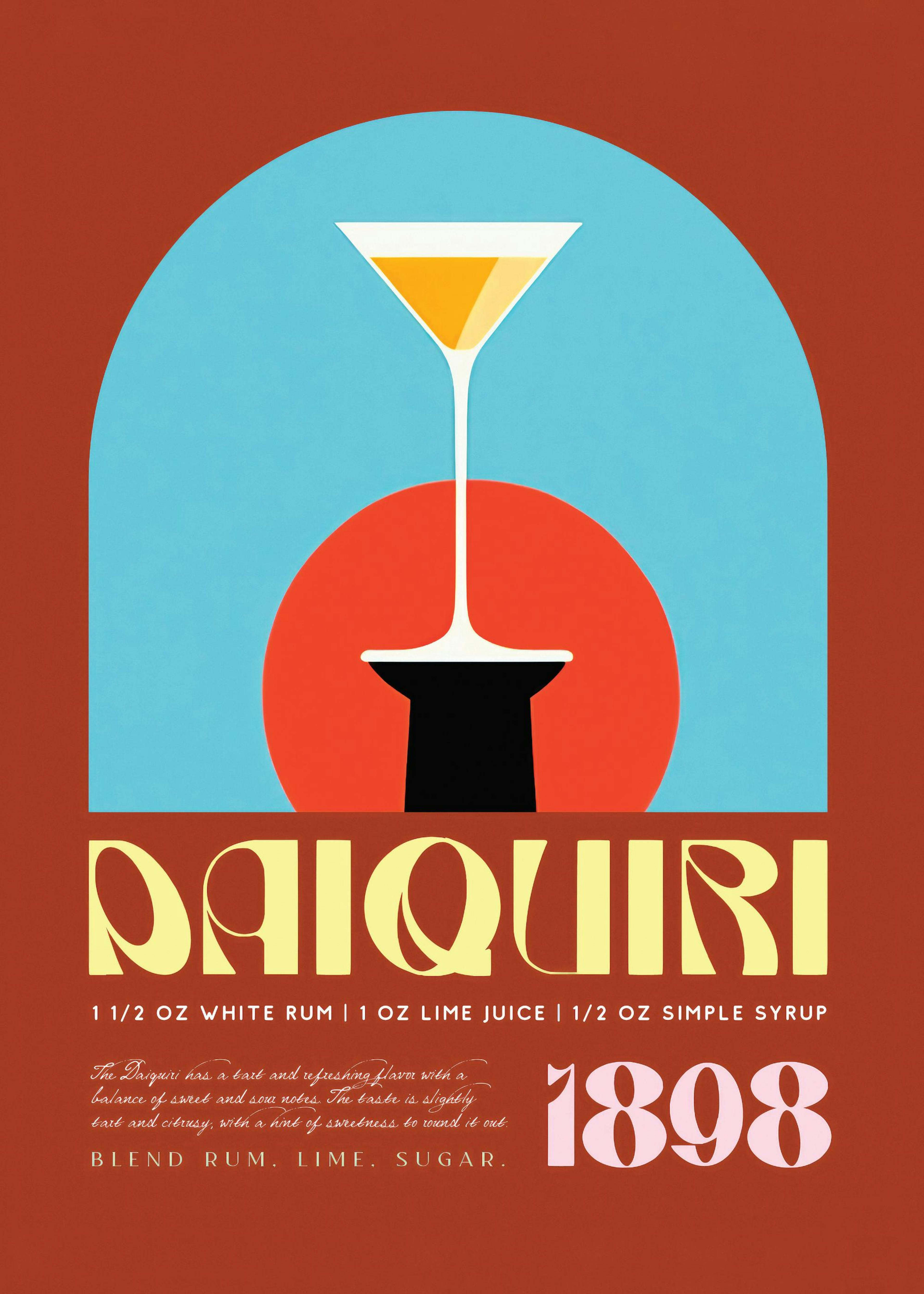 Póster retro de receta de cóctel Daiquirí de 1898 con un vaso de martini y detalles art déco.