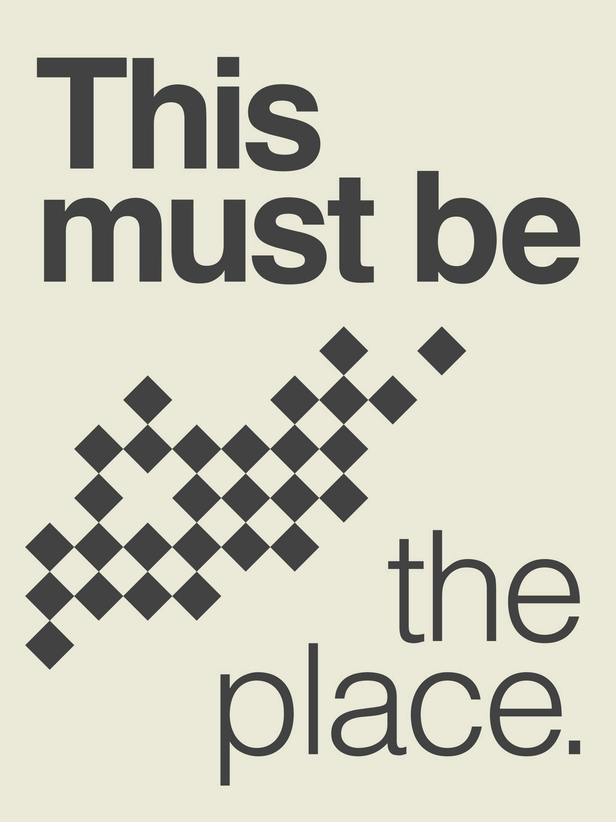 Poster This must be the place με μαύρο τετραγωνικό μοτίβο και μινιμαλιστικό σχέδιο.