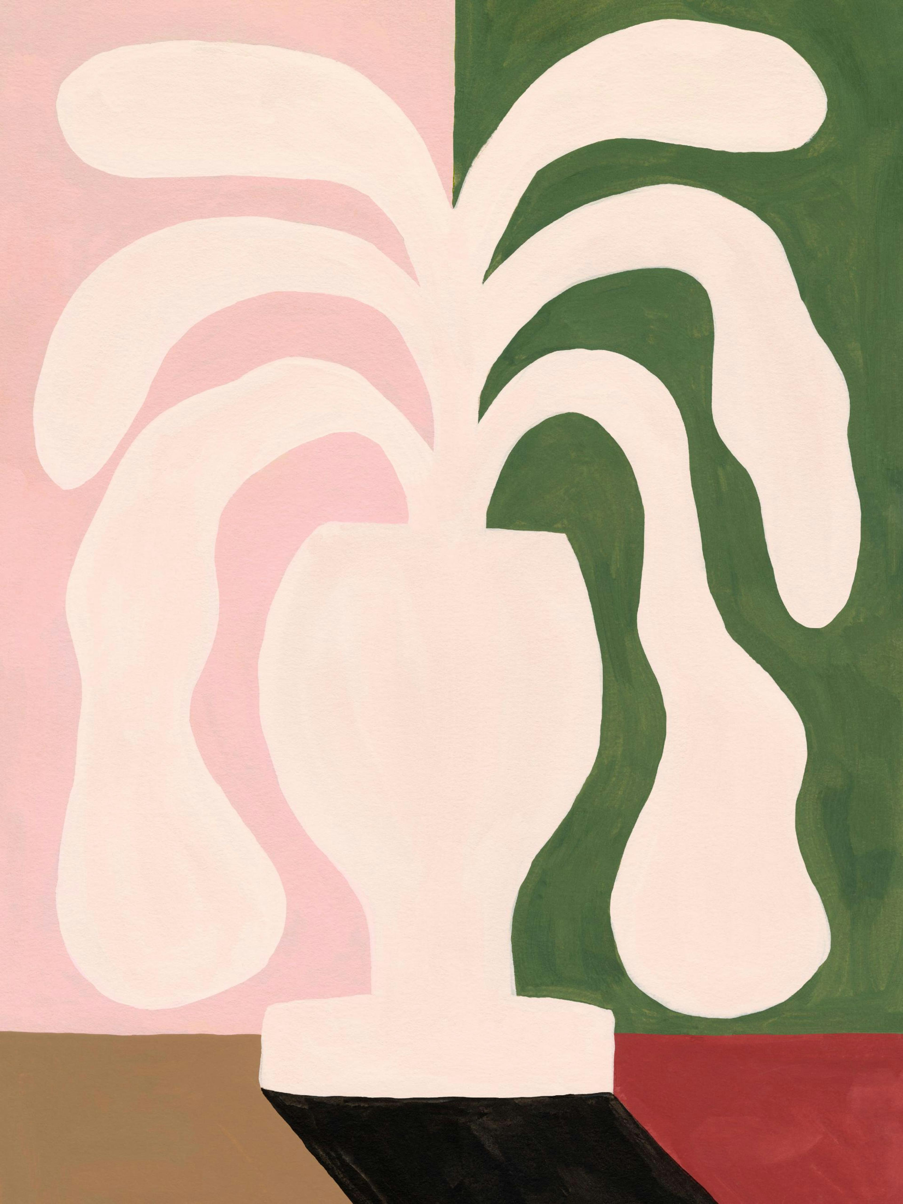Póster de arte abstracto con planta en jarrón, bloques de color verde, rosa, beige y rojo para decoración de interiores.