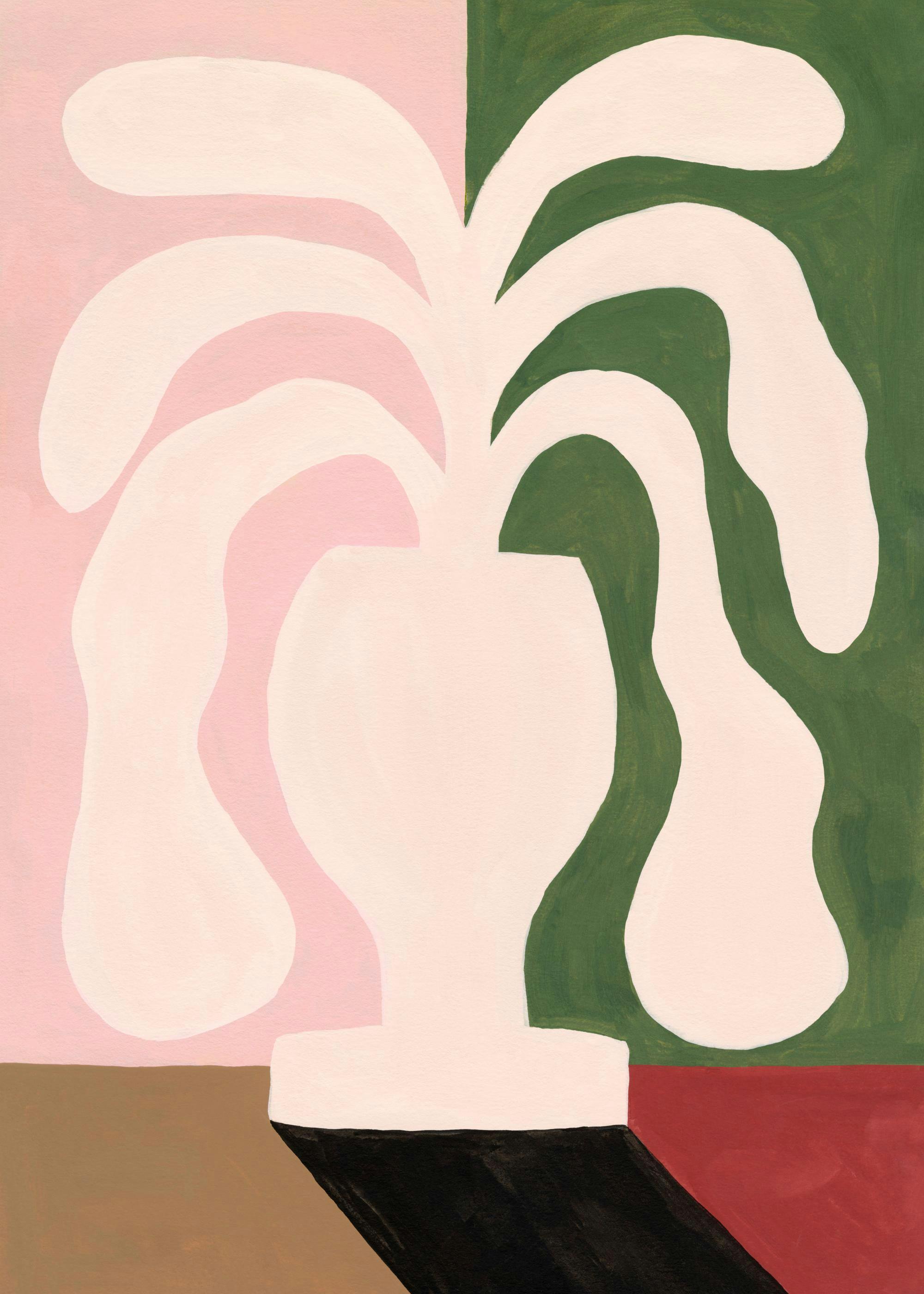 Abstract plant in a vase, with green, red, beige, and pink color blocks. Modern botanical art print.