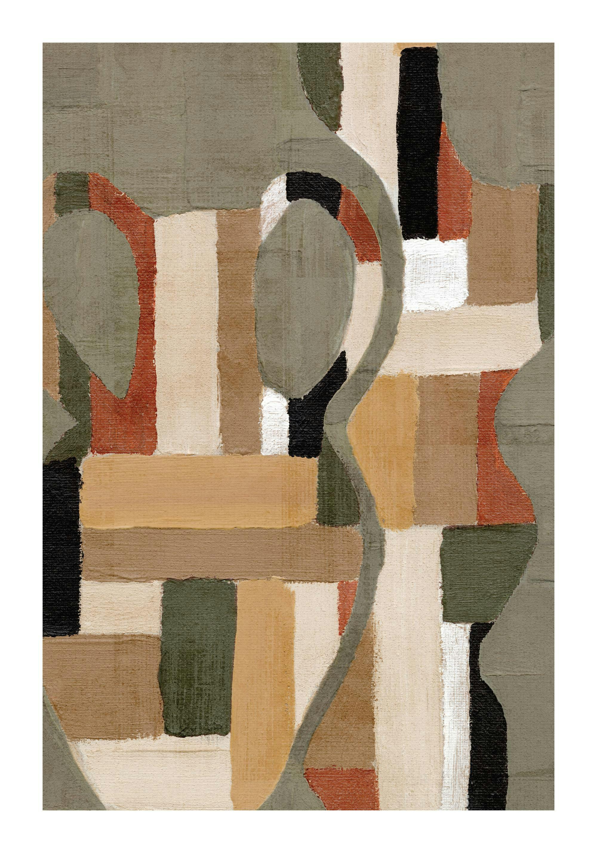Affiche dun vase abstrait, composé de formes géométriques et de blocs de couleurs tamisées, beige, vert, orange et noir.