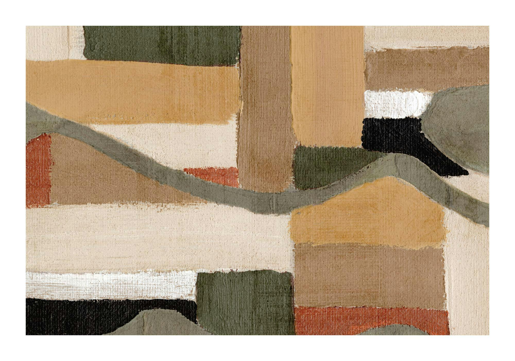Affiche dart abstrait géométrique avec des blocs de couleur tamisée et une ligne sinueuse, tons beige et terre.