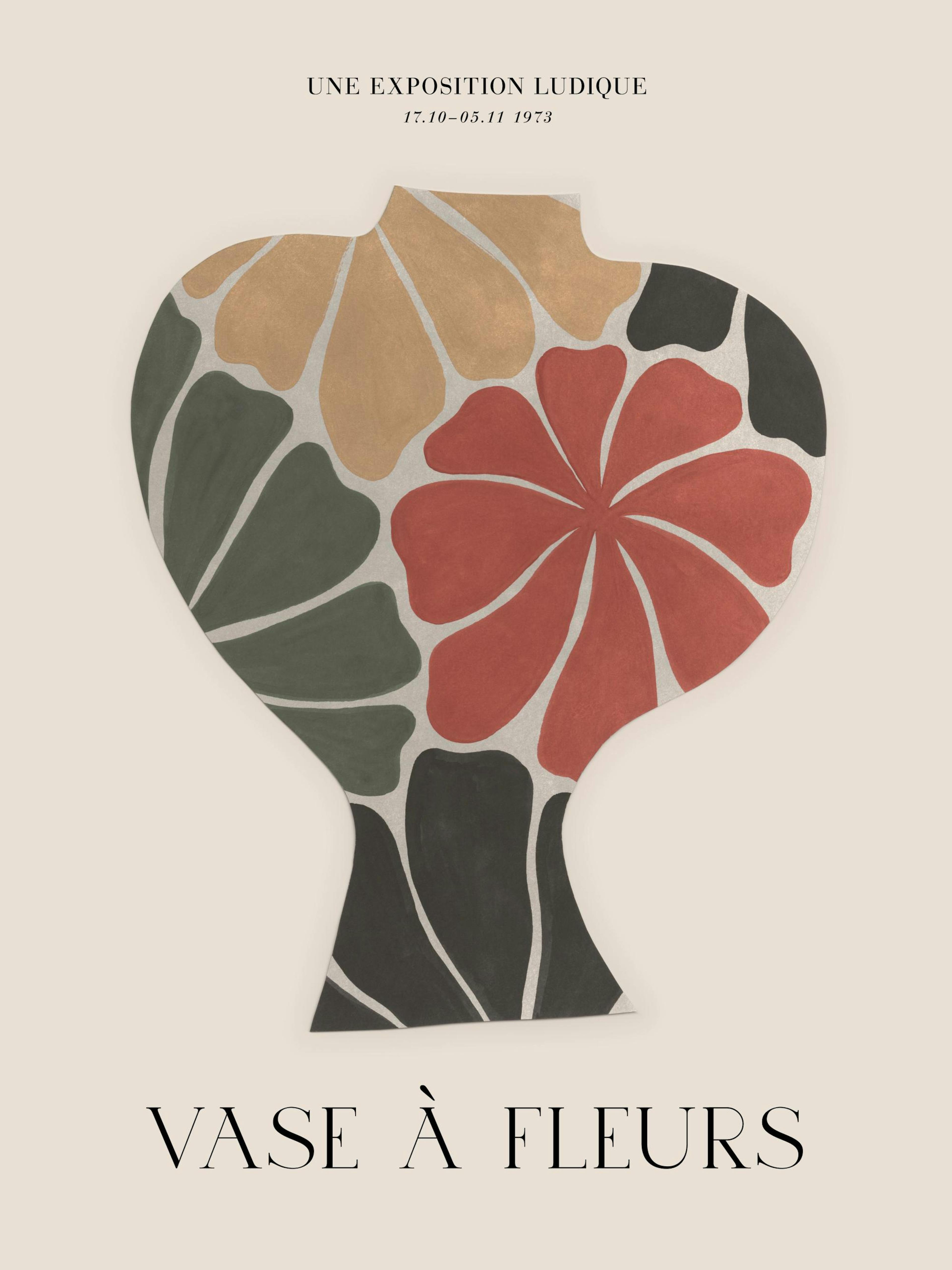 Vase mit Blumenmuster in Schwarz, Grün, Gelb, Rot auf Beige, Retro-Stil, Text Une Exposition Ludique und Vase à Fleurs.