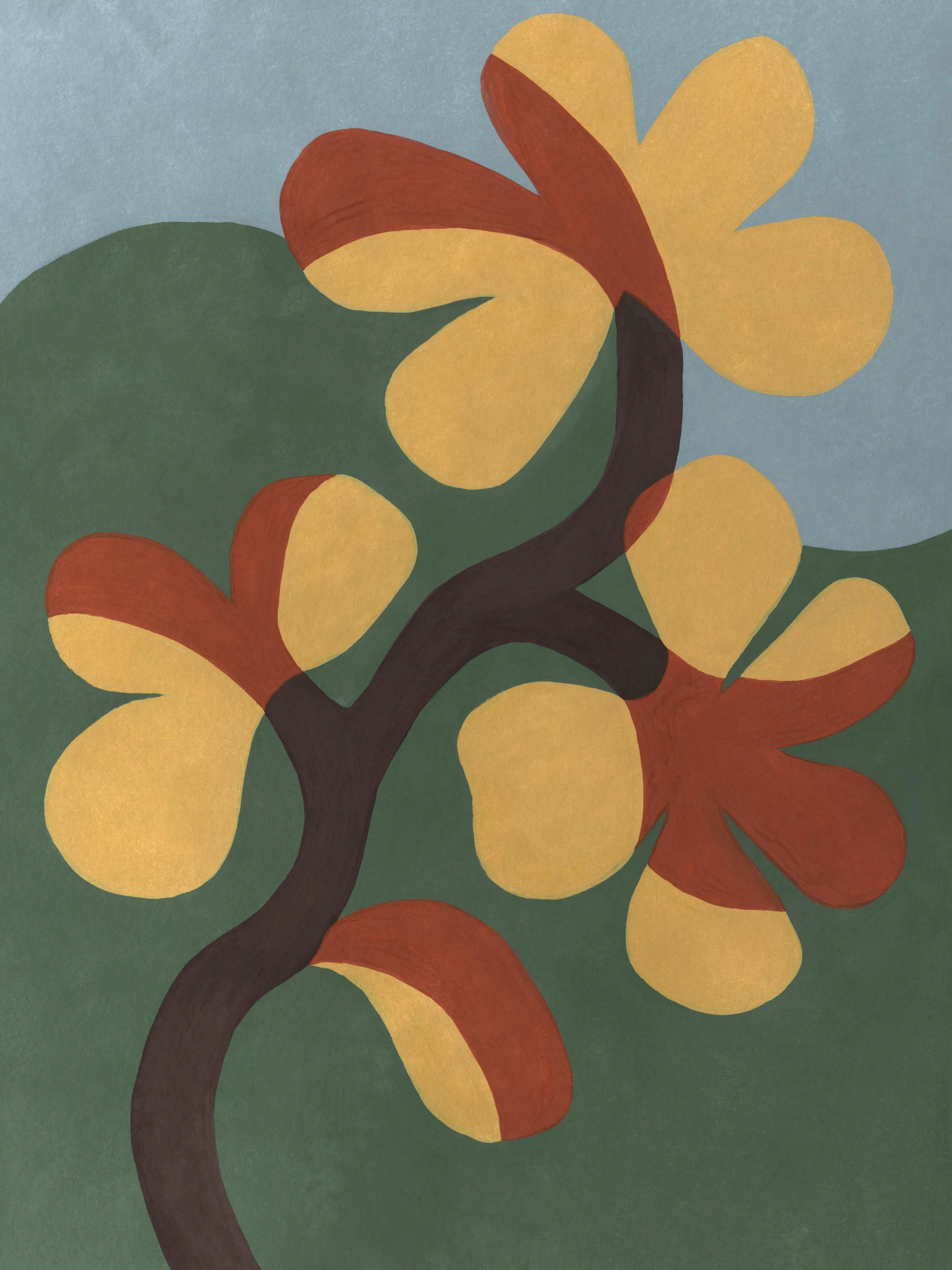 Graphic flower poster with red and yellow blooms on a brown stem against blue and green color blocks.