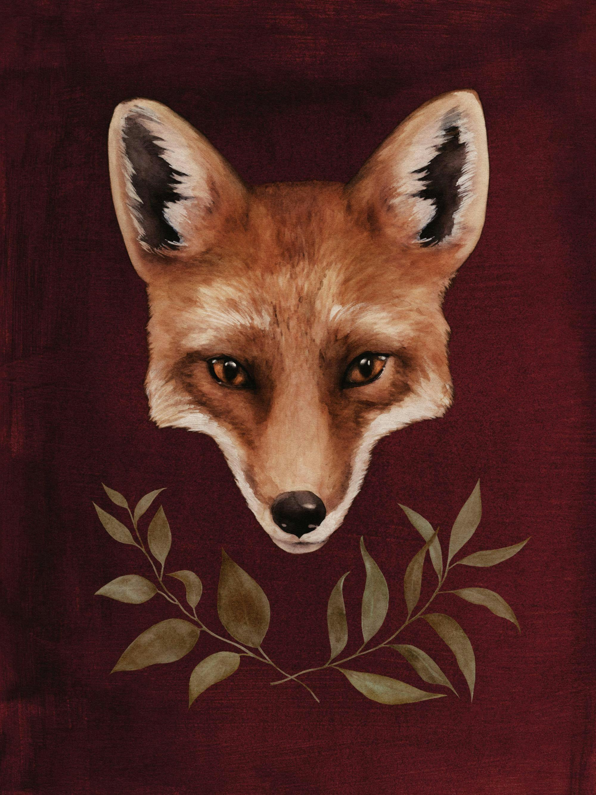 Red fox head painting on a dark red background, with a green leafy wreath below.