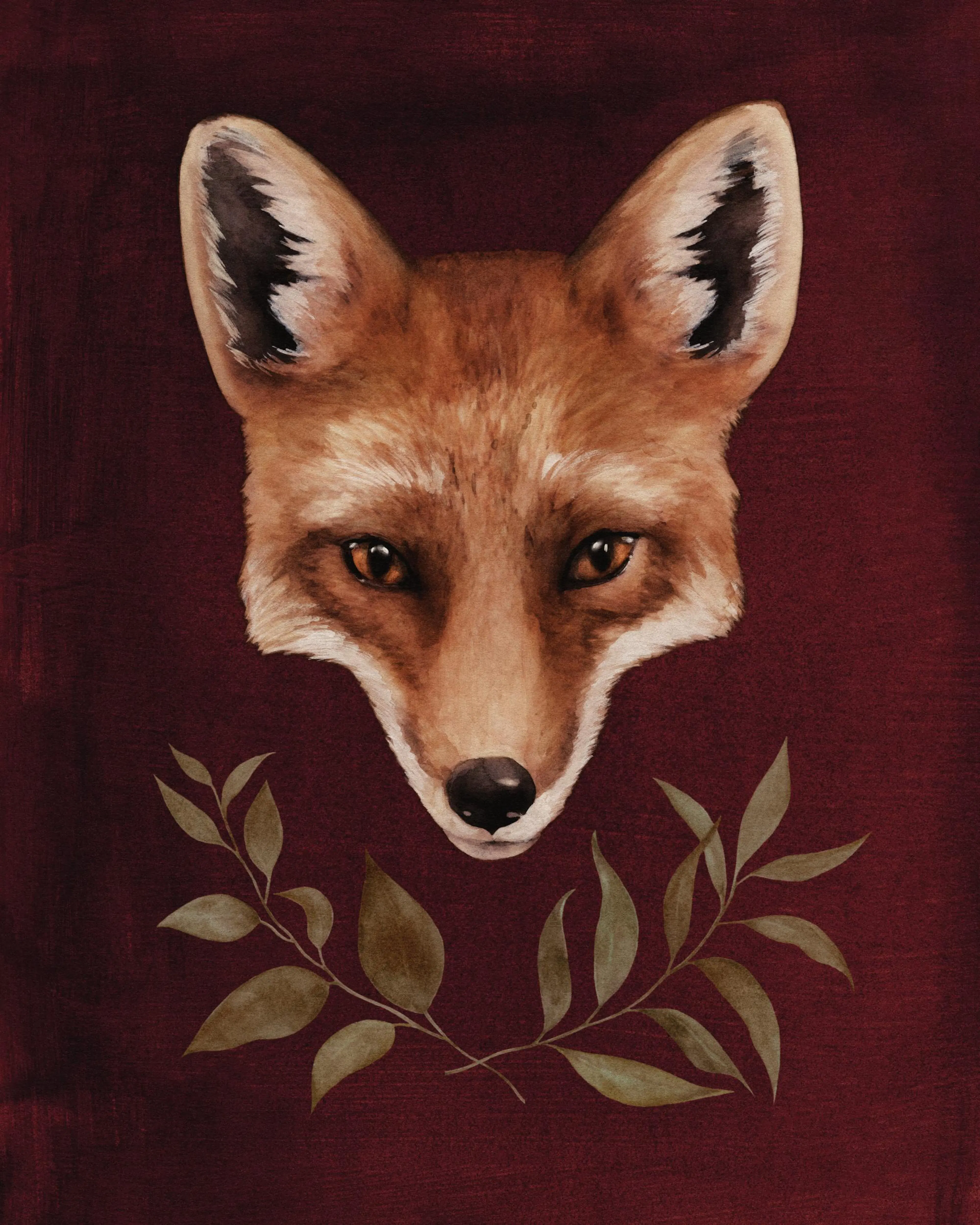 Affiche dart renard avec typographie de tête de renard orange et noire sur fond rouge foncé avec des feuilles vertes