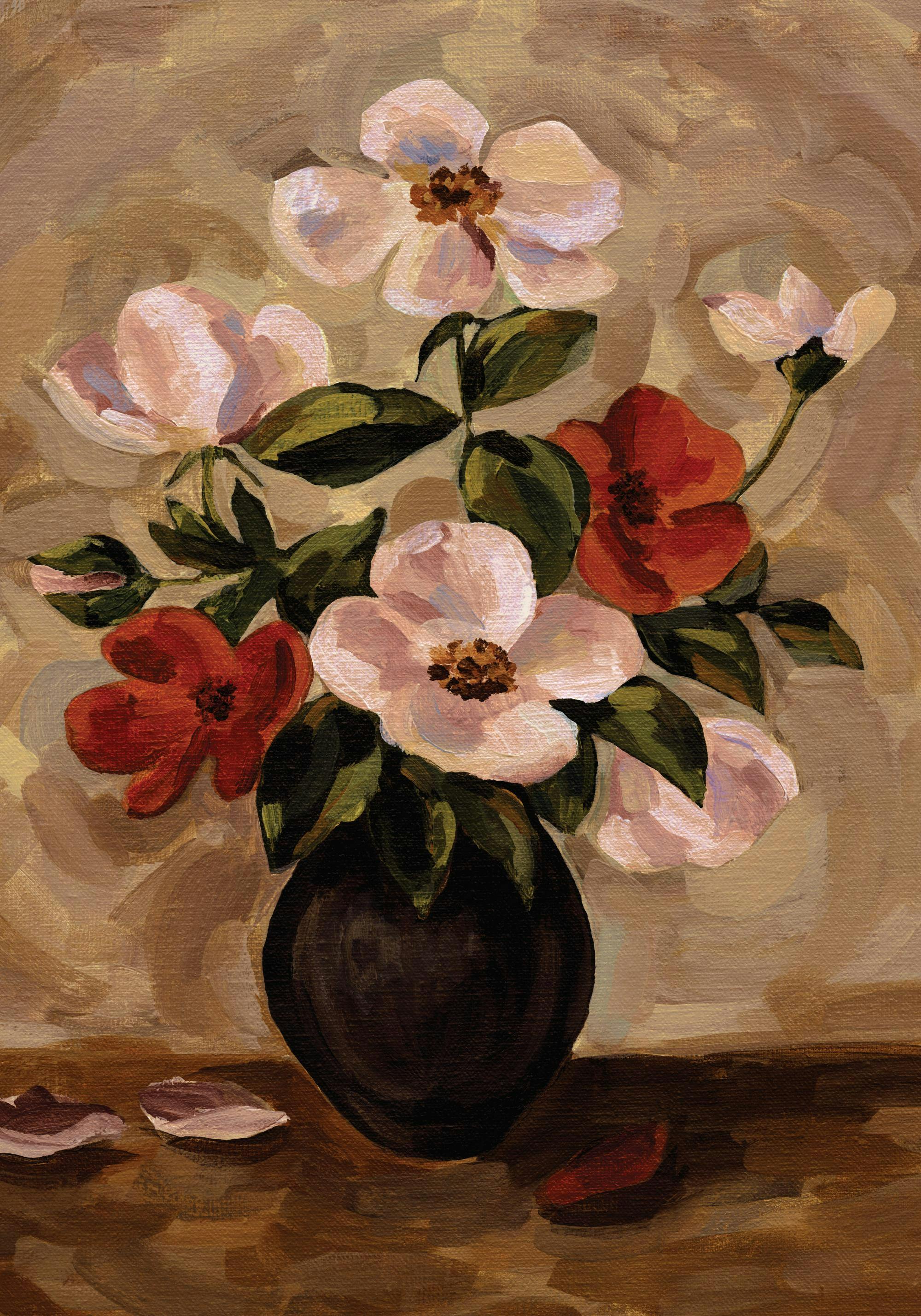 Rustic floral painting of a bouquet in a black vase with white and red flowers on a brown background, Lone Fox art.