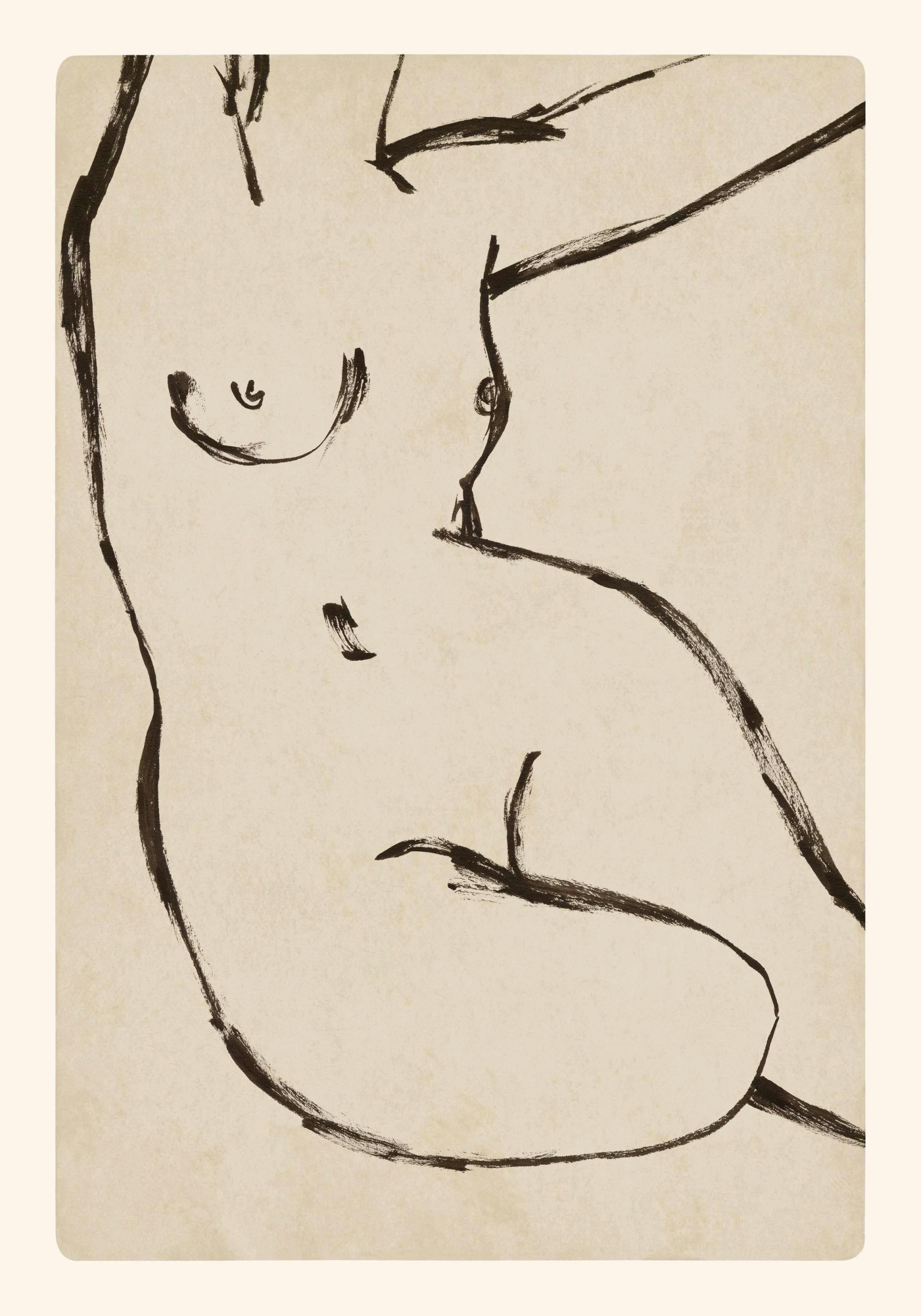 Nude female body outline in black ink on a beige background, minimalist body impression art print.