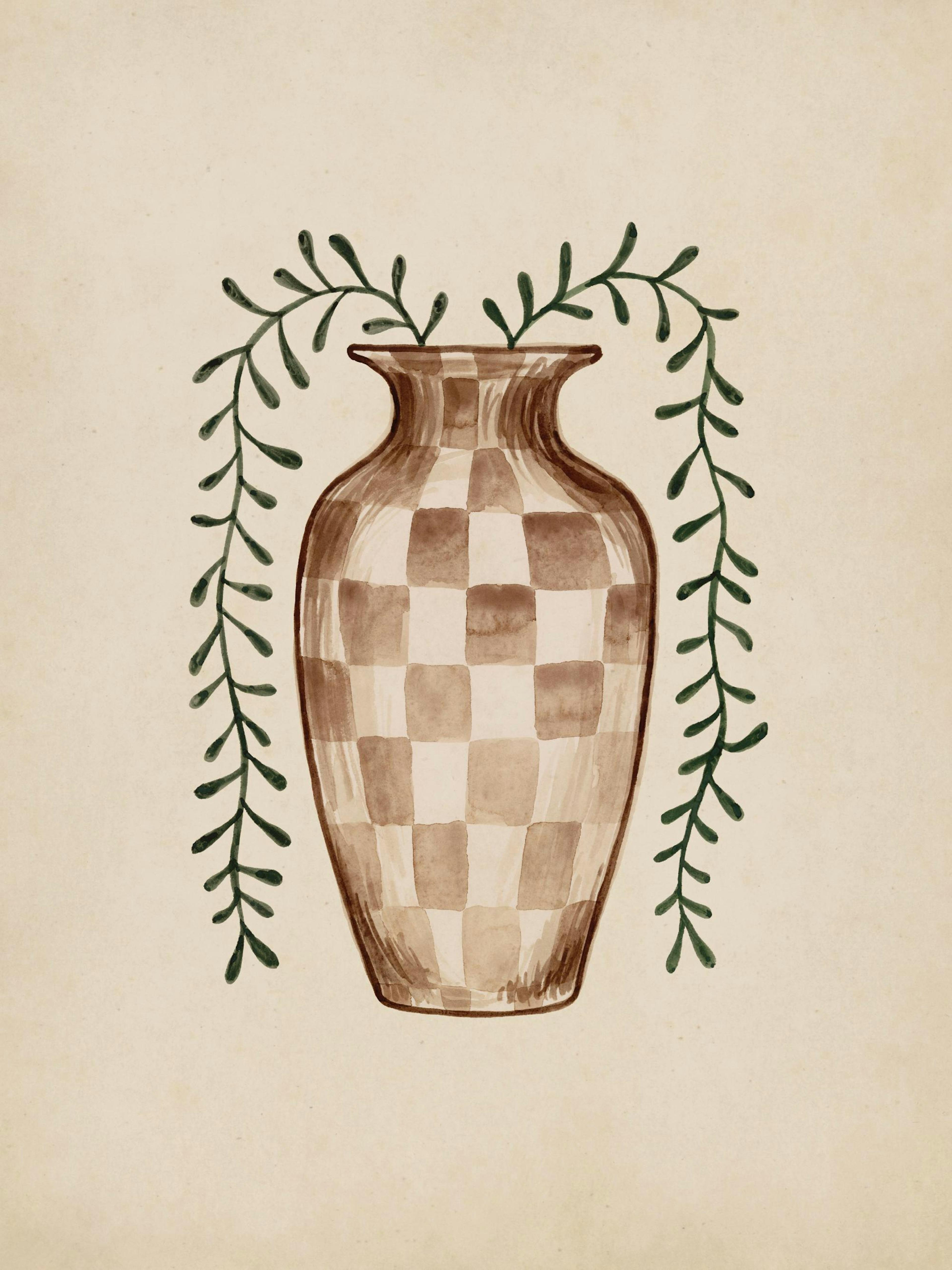 Affiche dun vase à carreaux bruns avec une plante verte sur fond beige foncé.