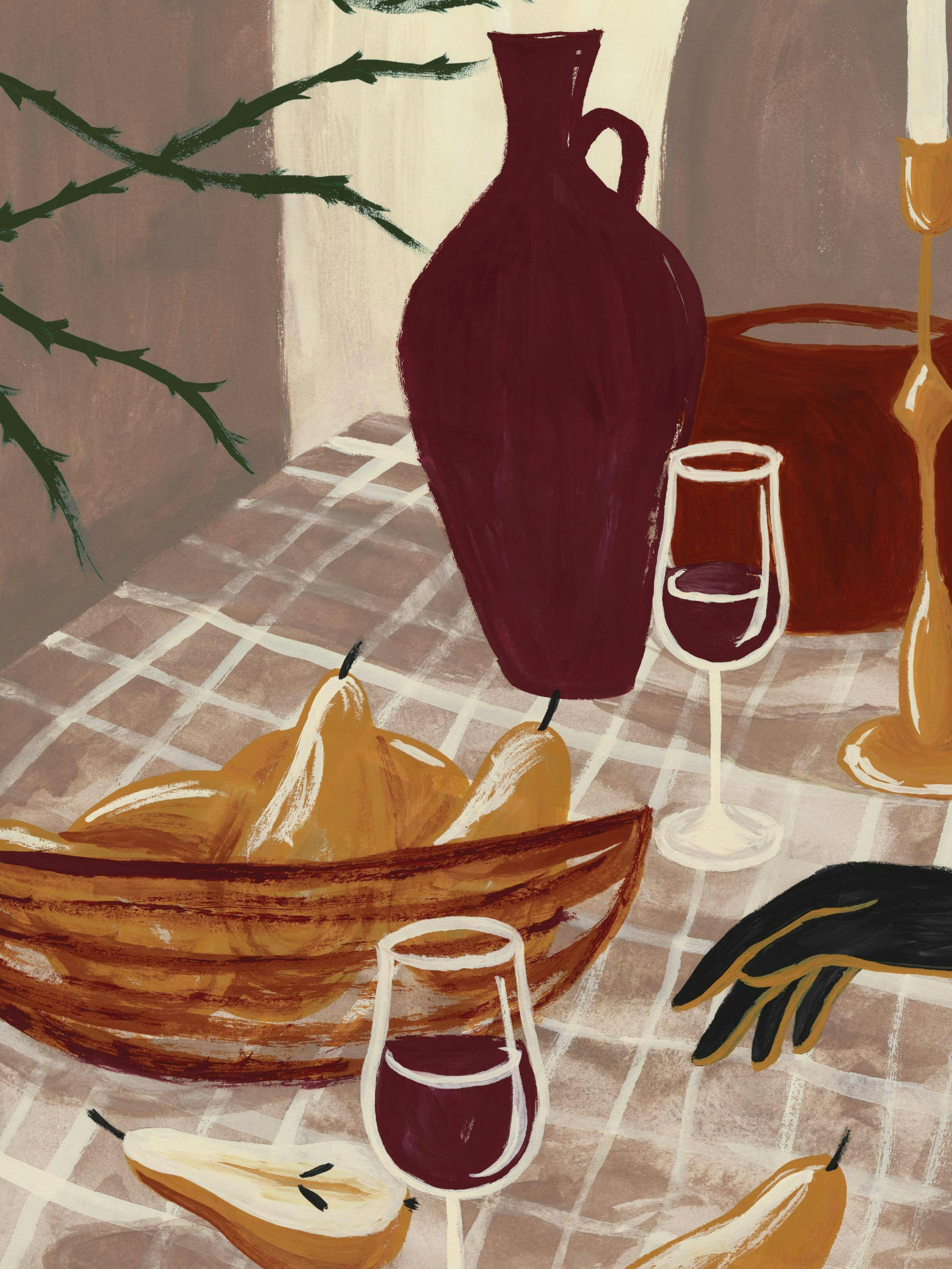 Konstverk med stilleben av vin och päron, med vinglas och en fruktkorg på ett rutigt bord, i varma färger.
