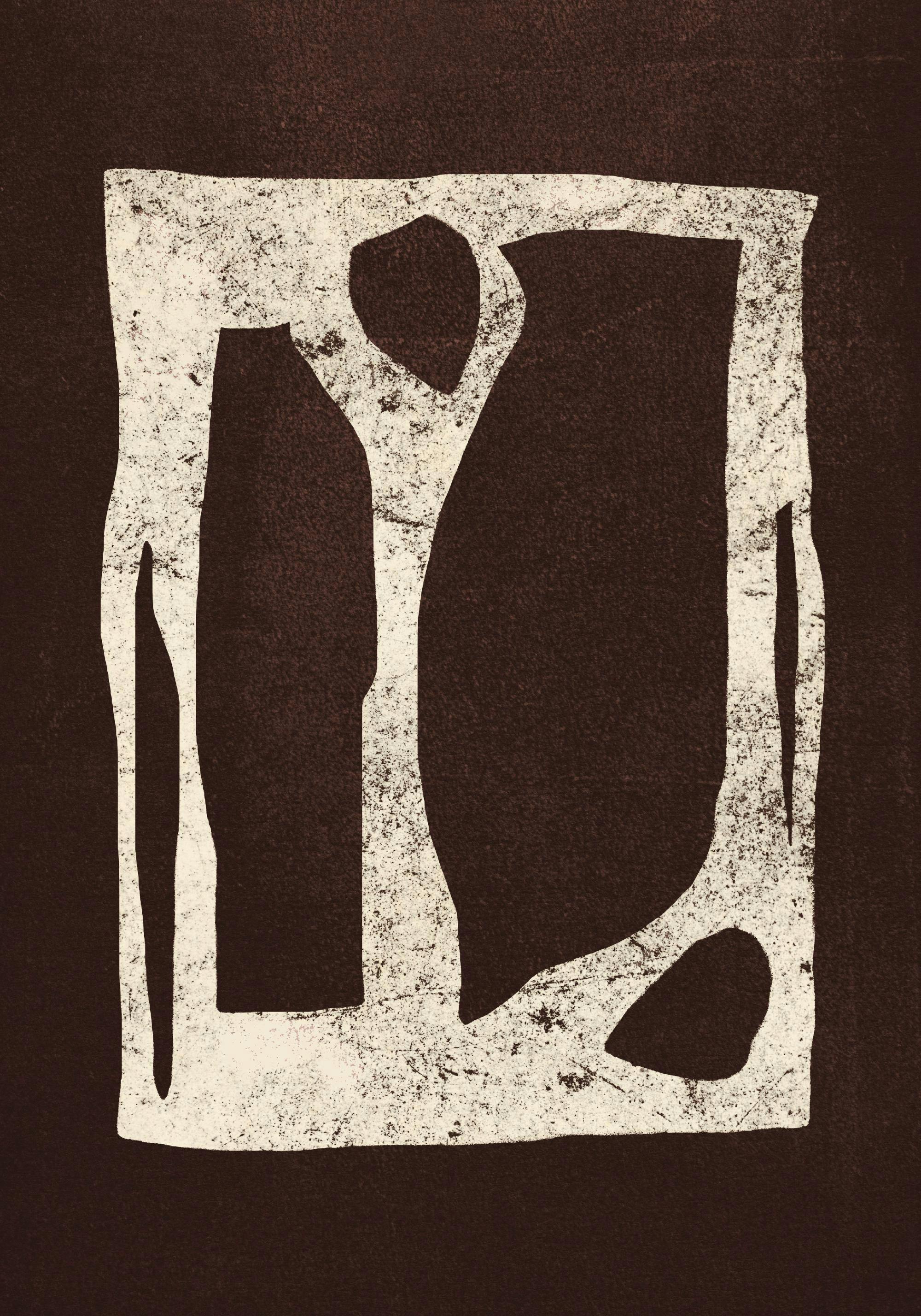 Abstrakt beige och brun poster med oregelbundna former och texturerade ytor, passar perfekt i modern inredning.