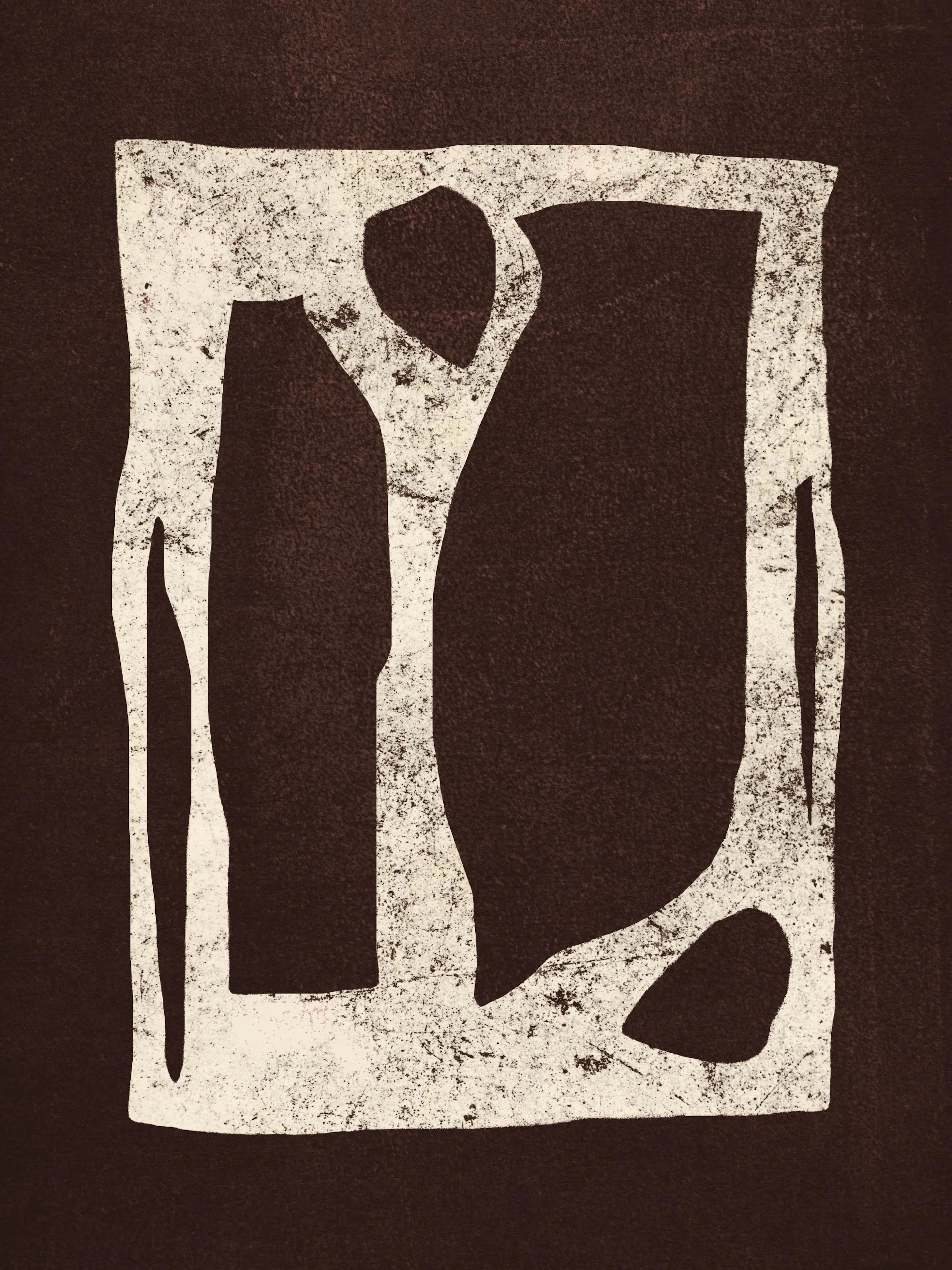 Abstracte poster met beige en diepbruine vormen, organische lijnen en een distressed textuur.
