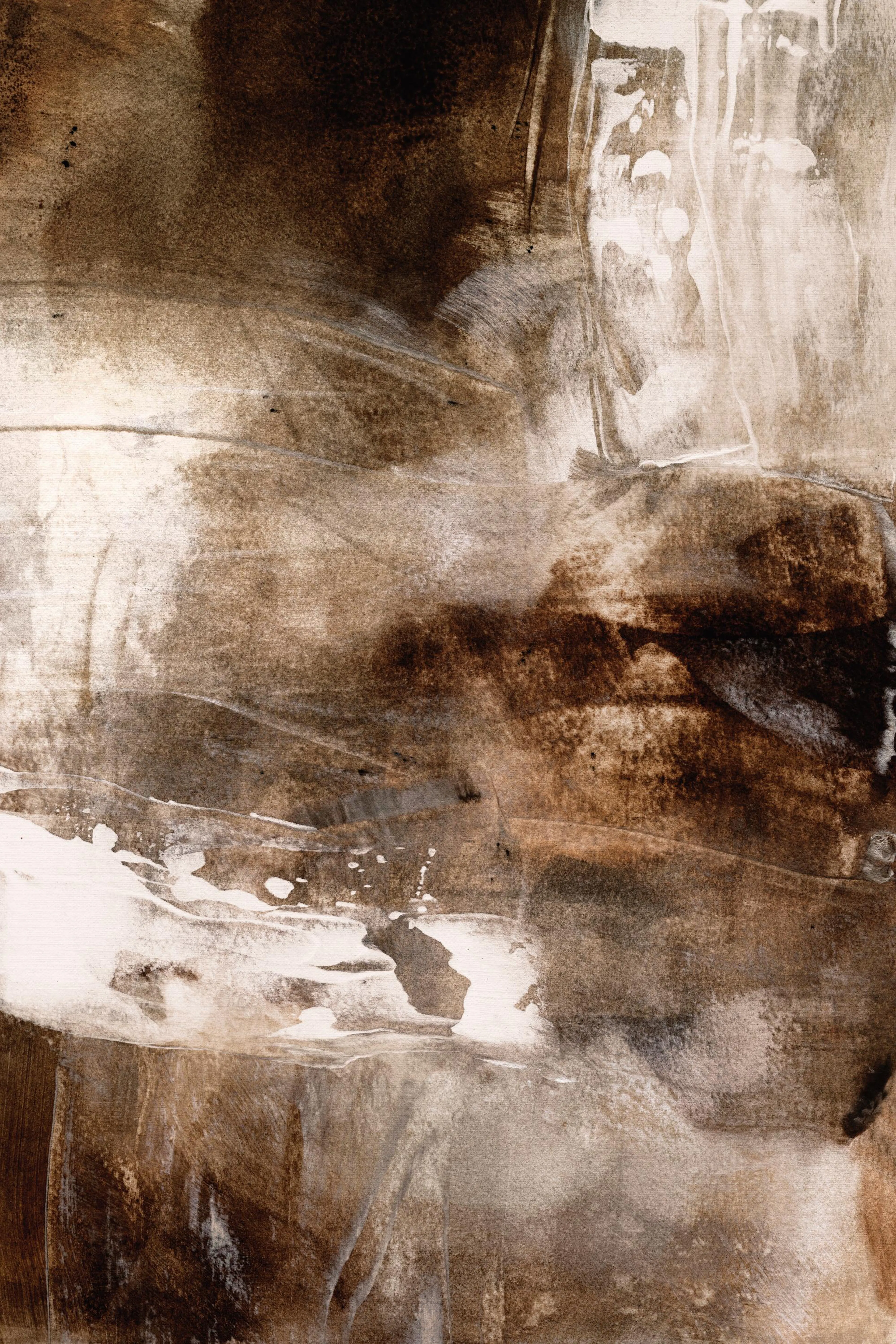 Abstract poster with white, beige, and brown brush strokes, like an expressive, elegant painting.