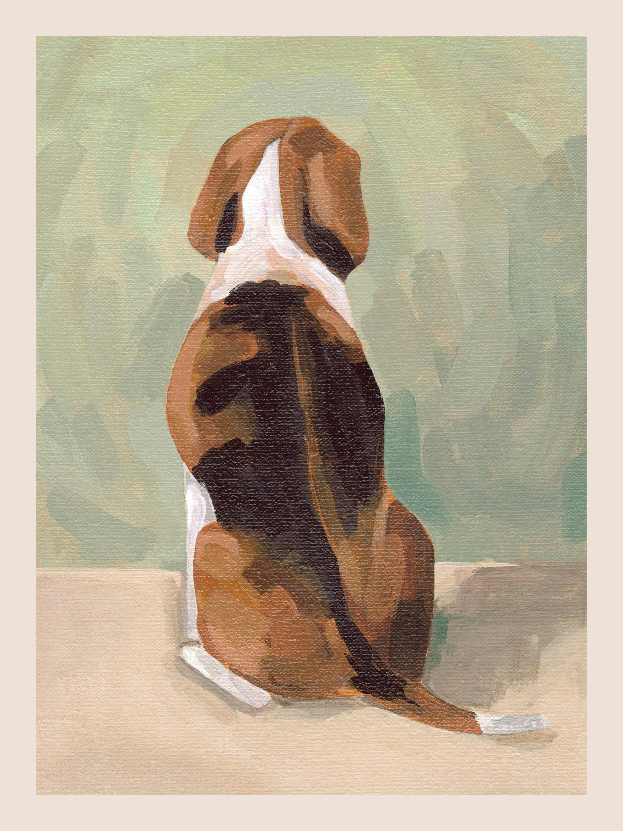 Affiche dun beagle assis de dos, pelage brun, blanc et noir, sur un fond vert clair. Une peinture de chien