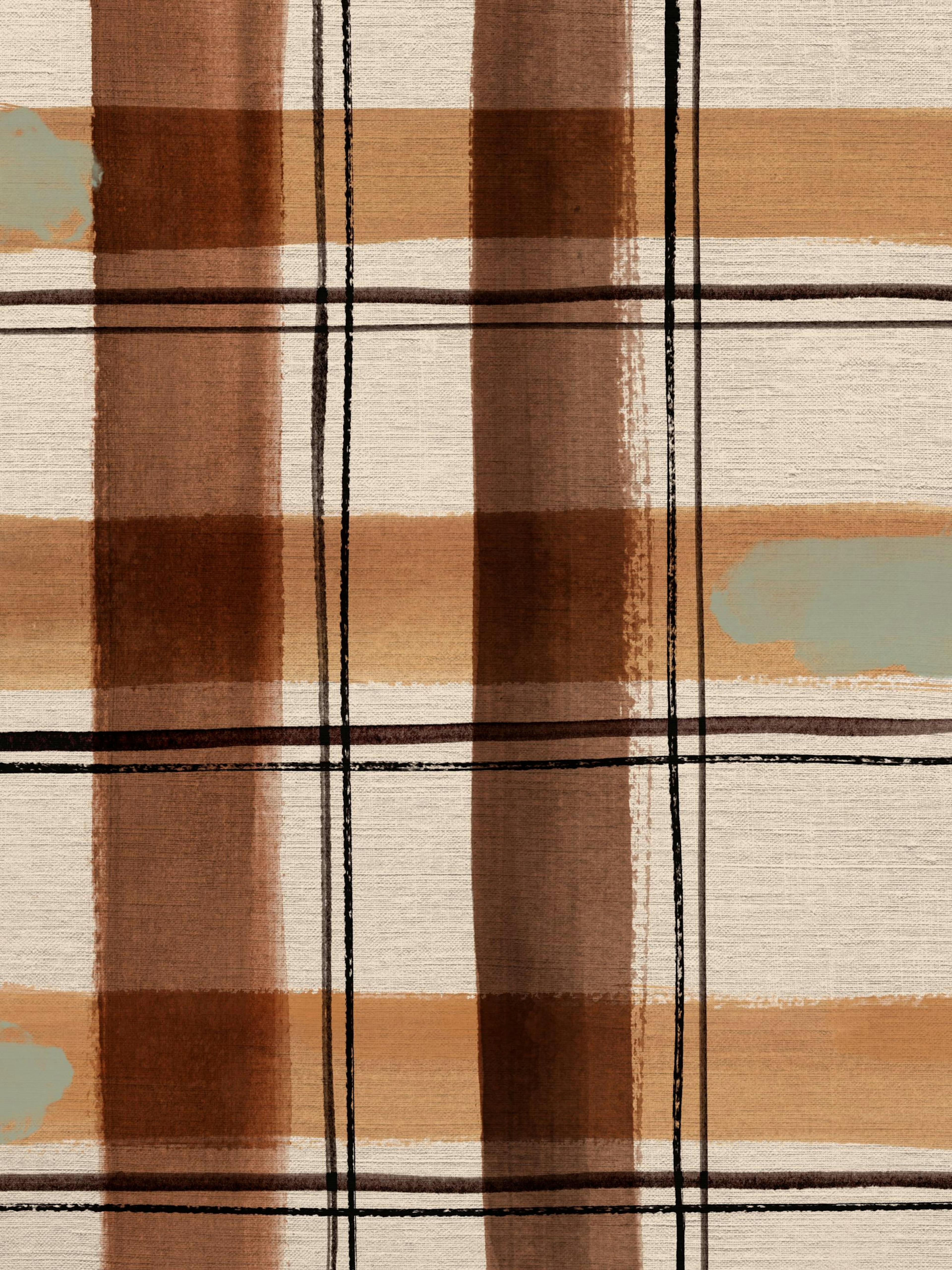 Abstracte poster met ruitpatroon in witte, beige en bruine tinten met zwarte lijnen en groene accenten.