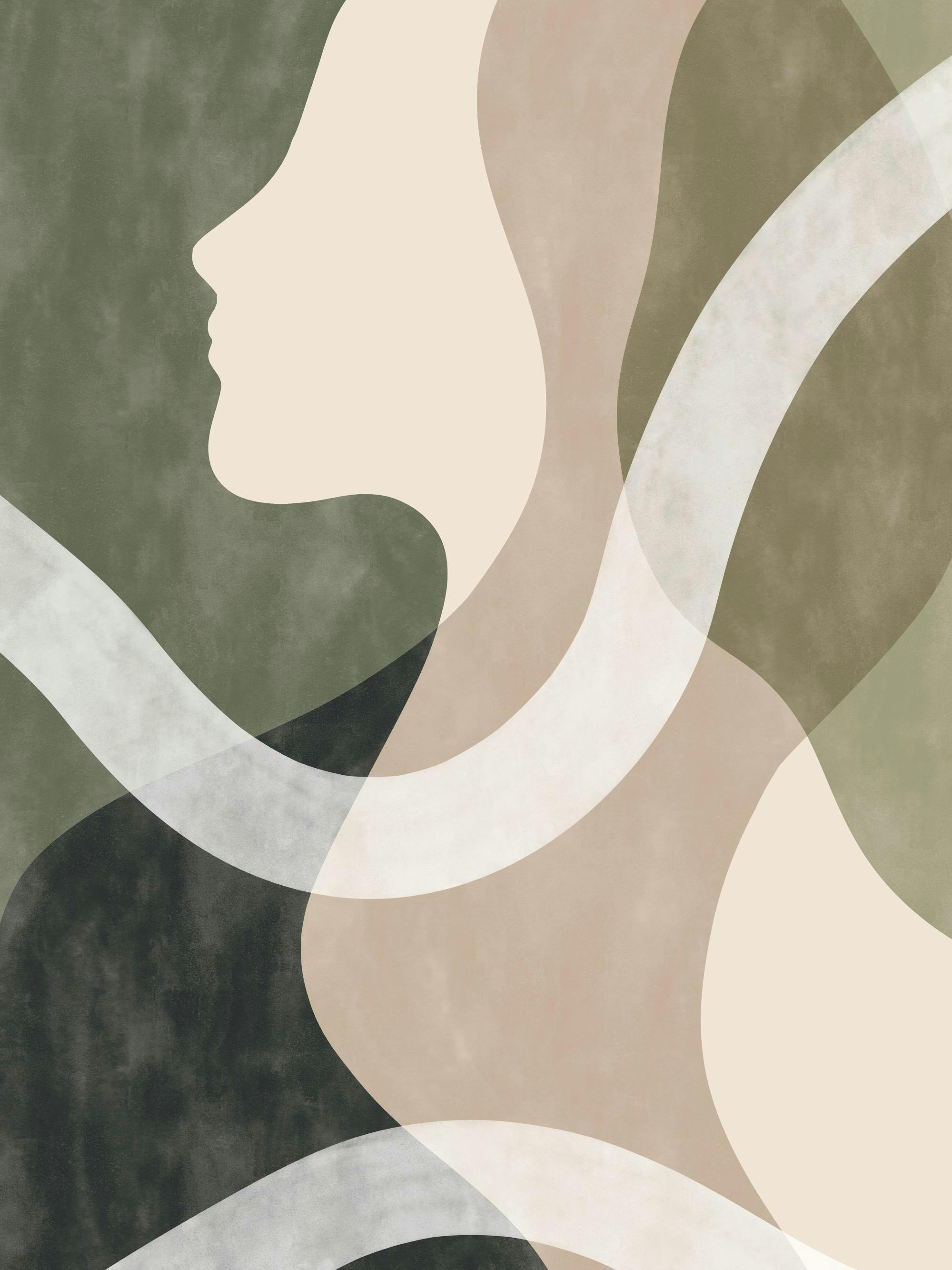 Affiche abstraite beige avec un visage féminin stylisé de profil et des formes organiques vertes et beiges