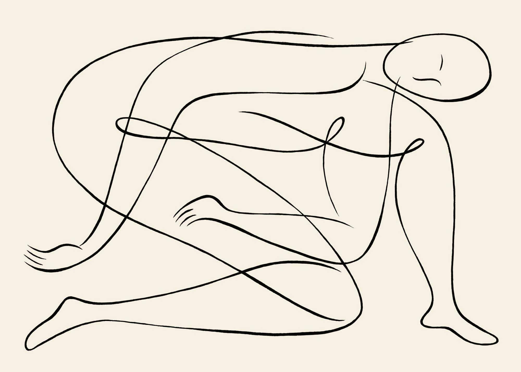 Linjekunst plakat af en elegant figur i siddende pose, sorte linjer på lys beige baggrund, abstrakt stil.