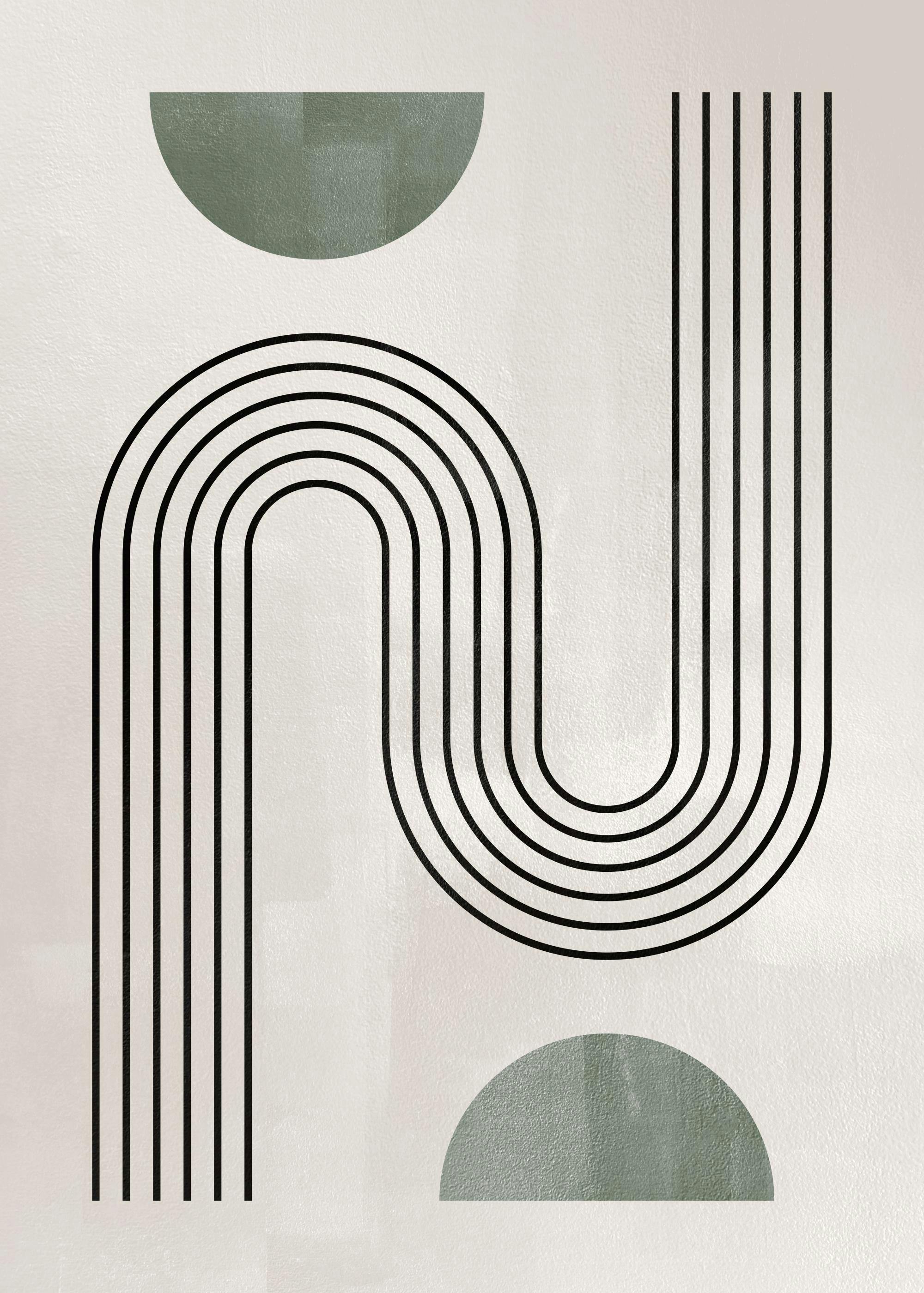 Graphic art poster with black bending arches and lines on beige, accented by green semicircles.