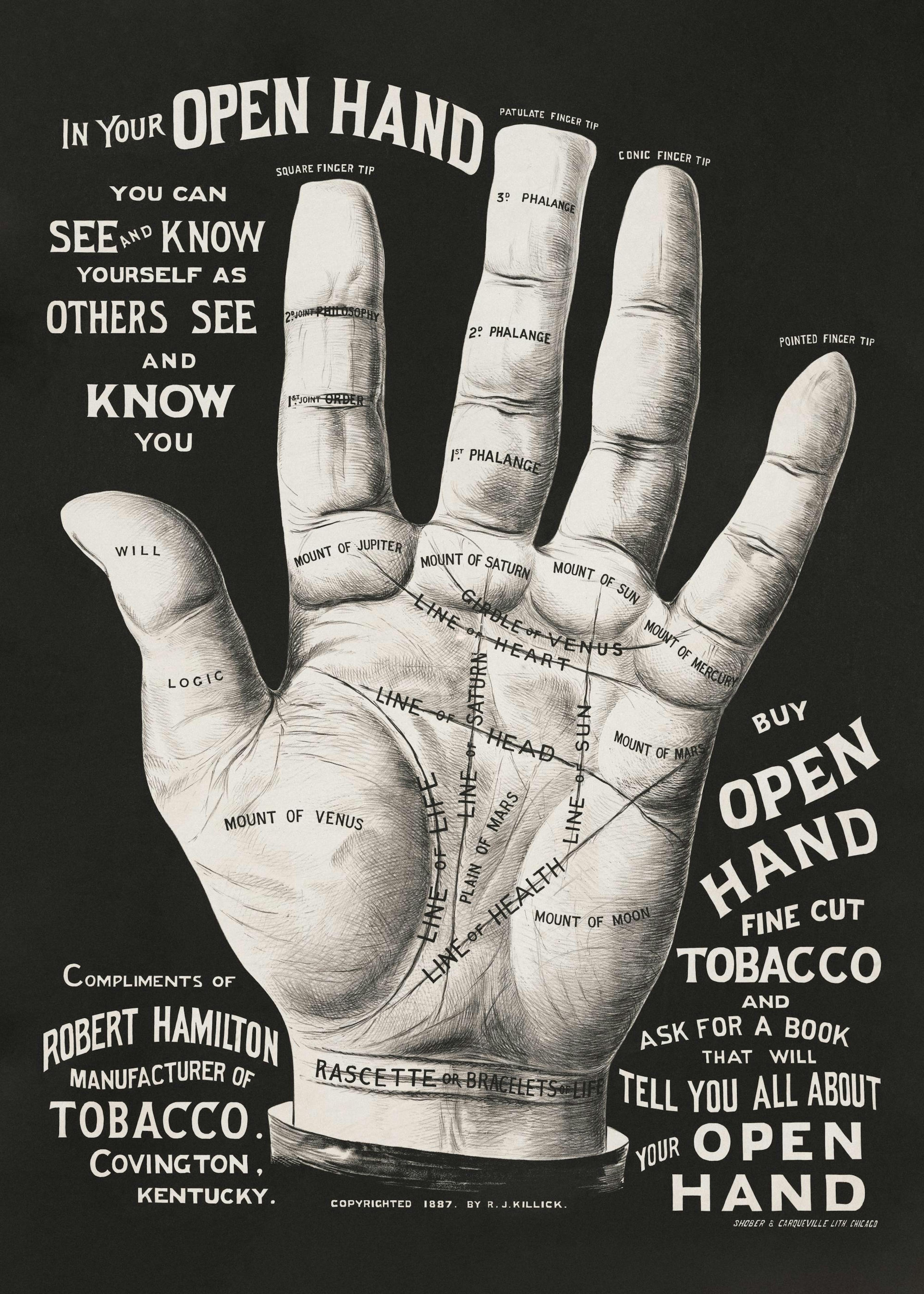 Greyscale open hand print with palmistry lines and vintage ad text, a unique poster