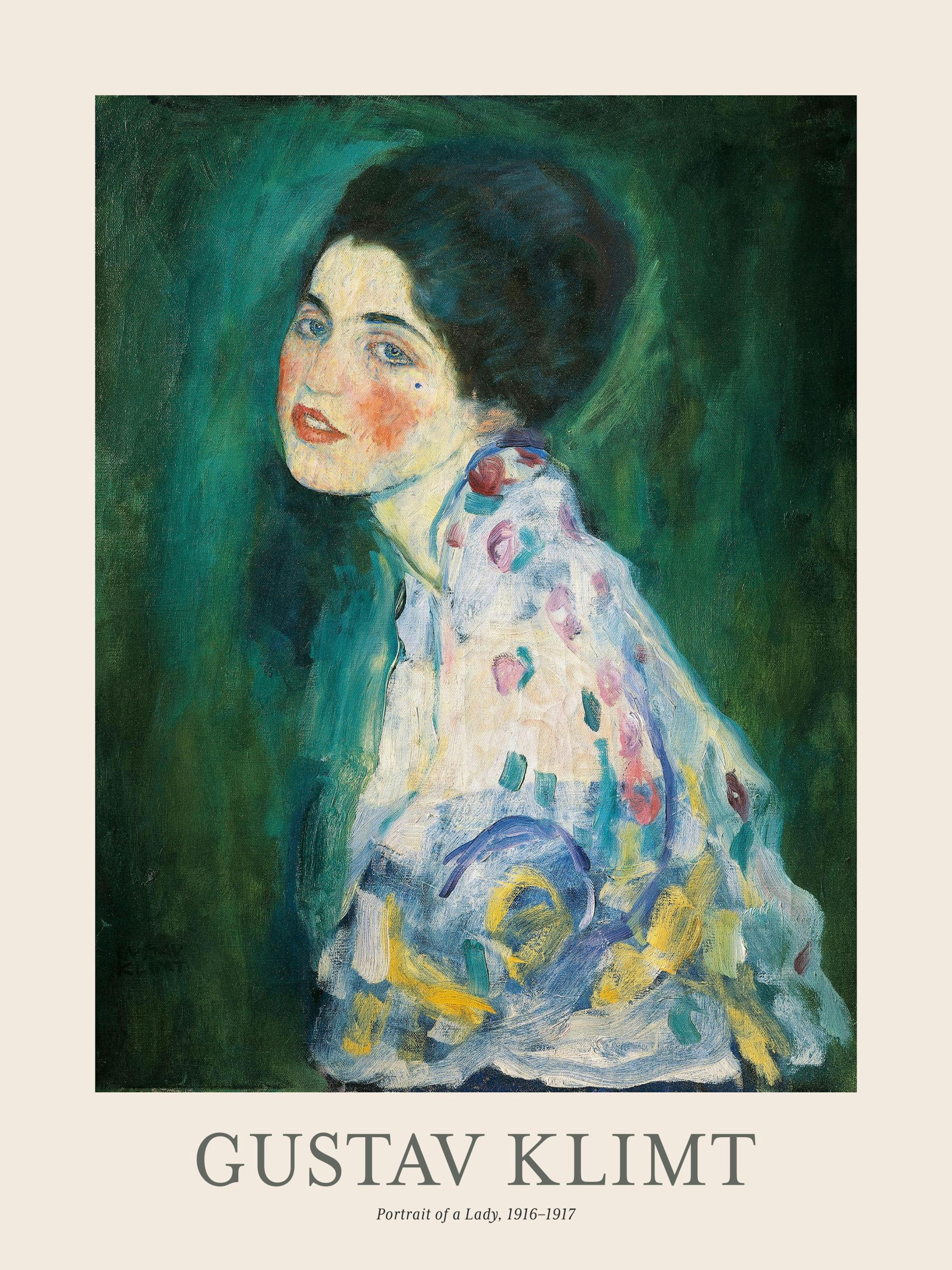 Gustav Klimts Portrait of a Lady print, a woman with dark hair and rosy cheeks against a deep green background poster.